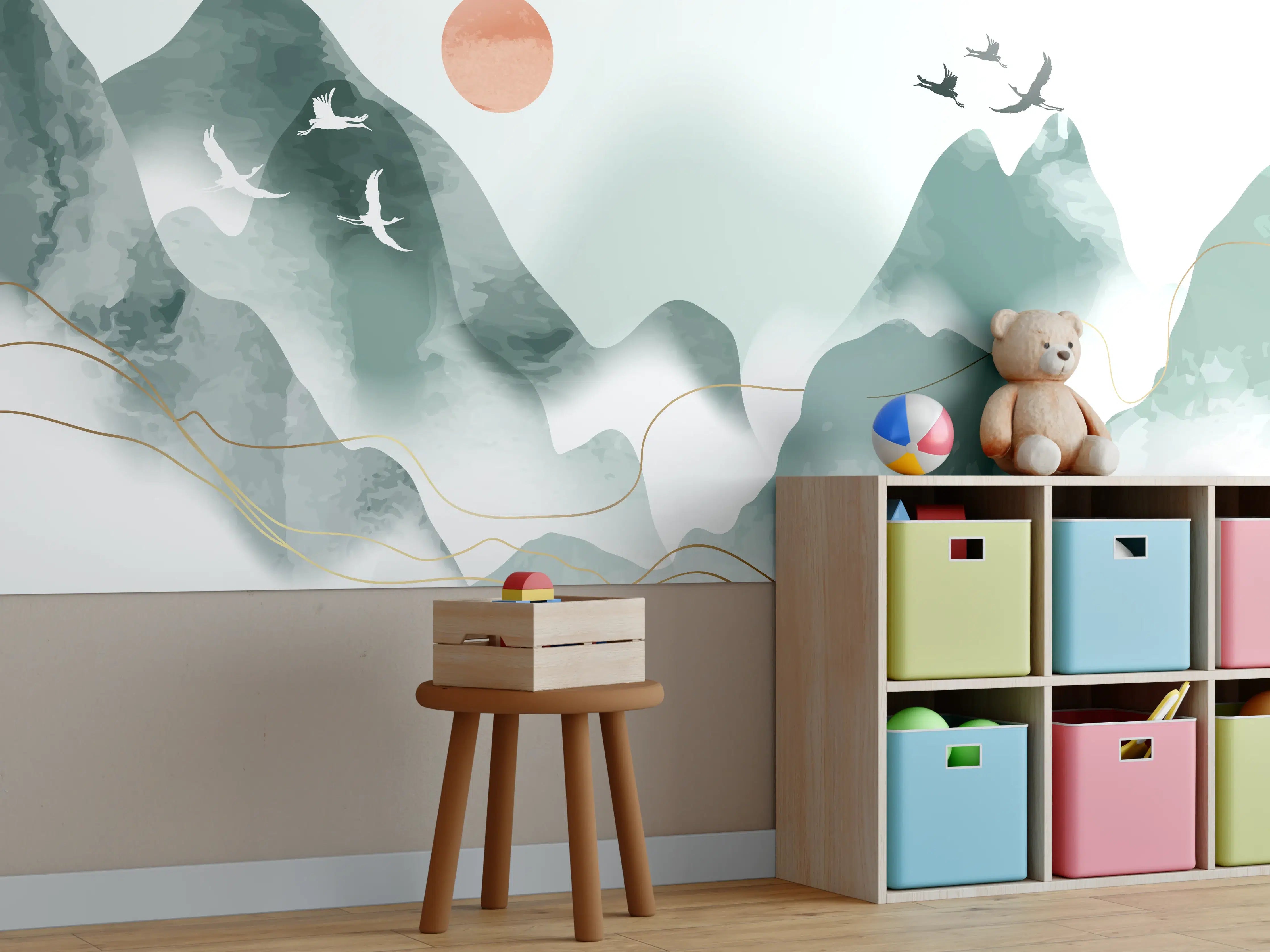 Kinderzimmer Wandgestaltung - Sanfte Berglandschaft mit fliegenden Vögeln