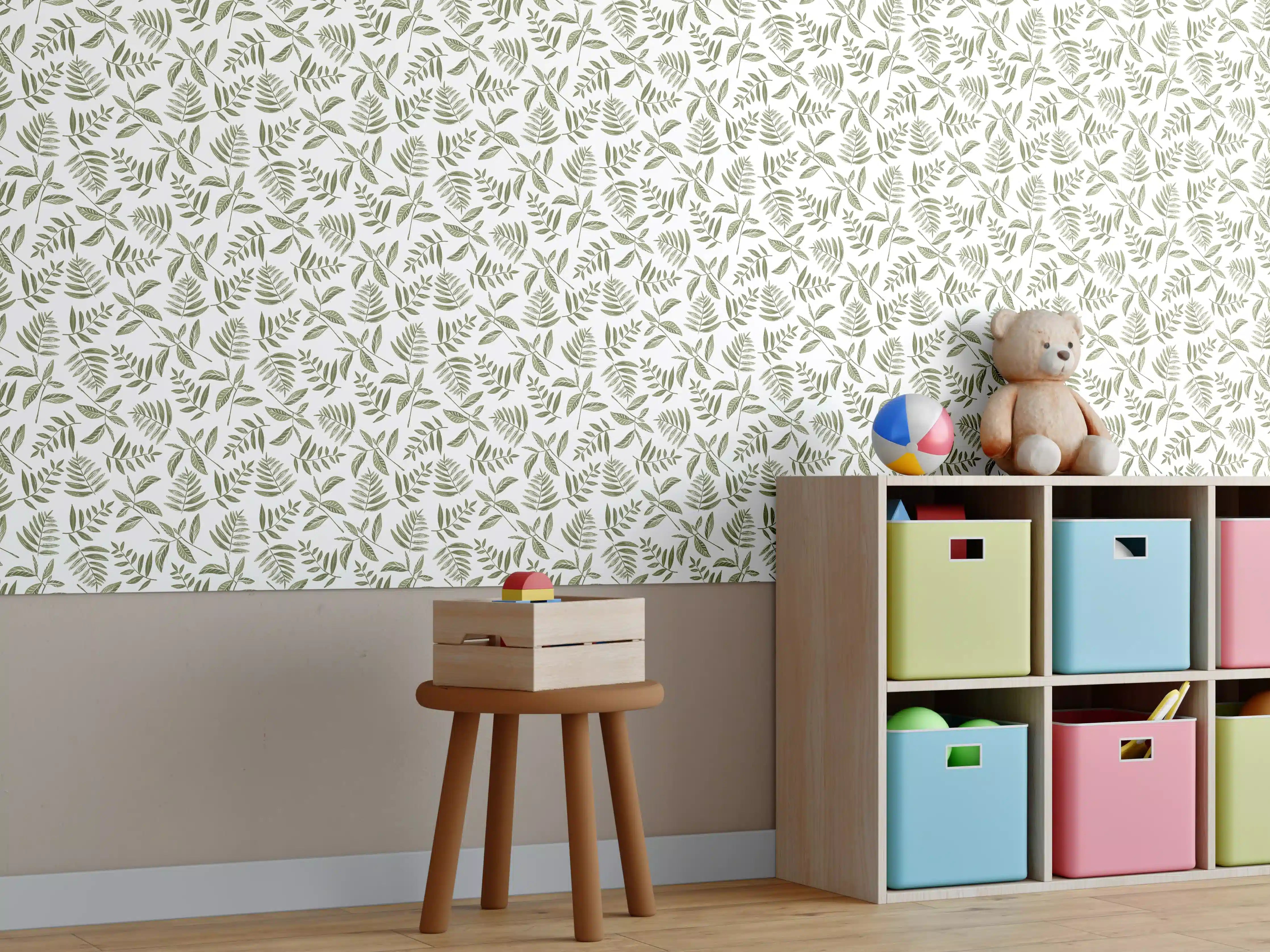 Kinderzimmer Wandgestaltung - Sanfte Blattmuster in Beige-Grüntönen