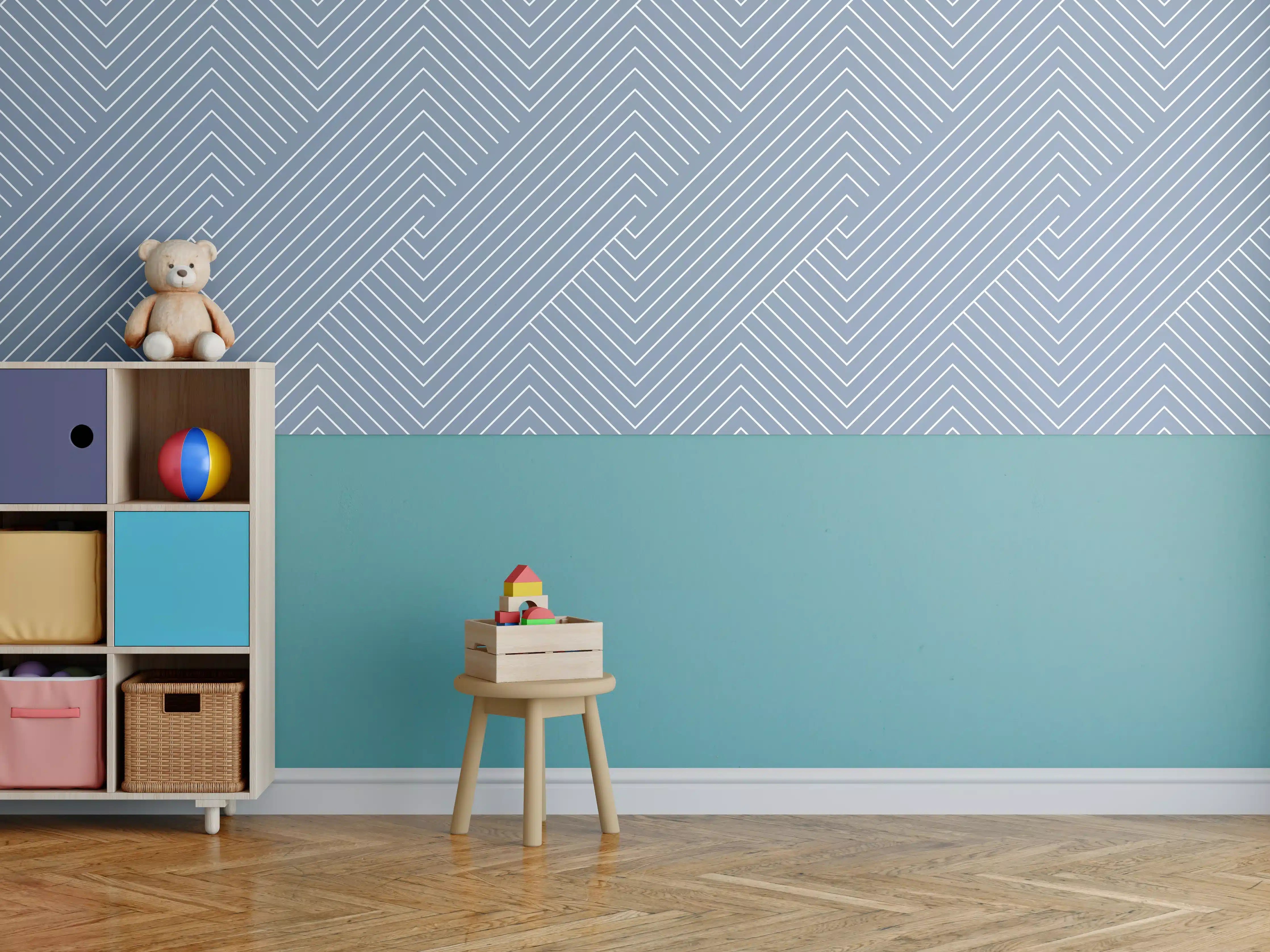 Kinderzimmer Wandgestaltung - Sanfte Blautöne, geometrische Muster
