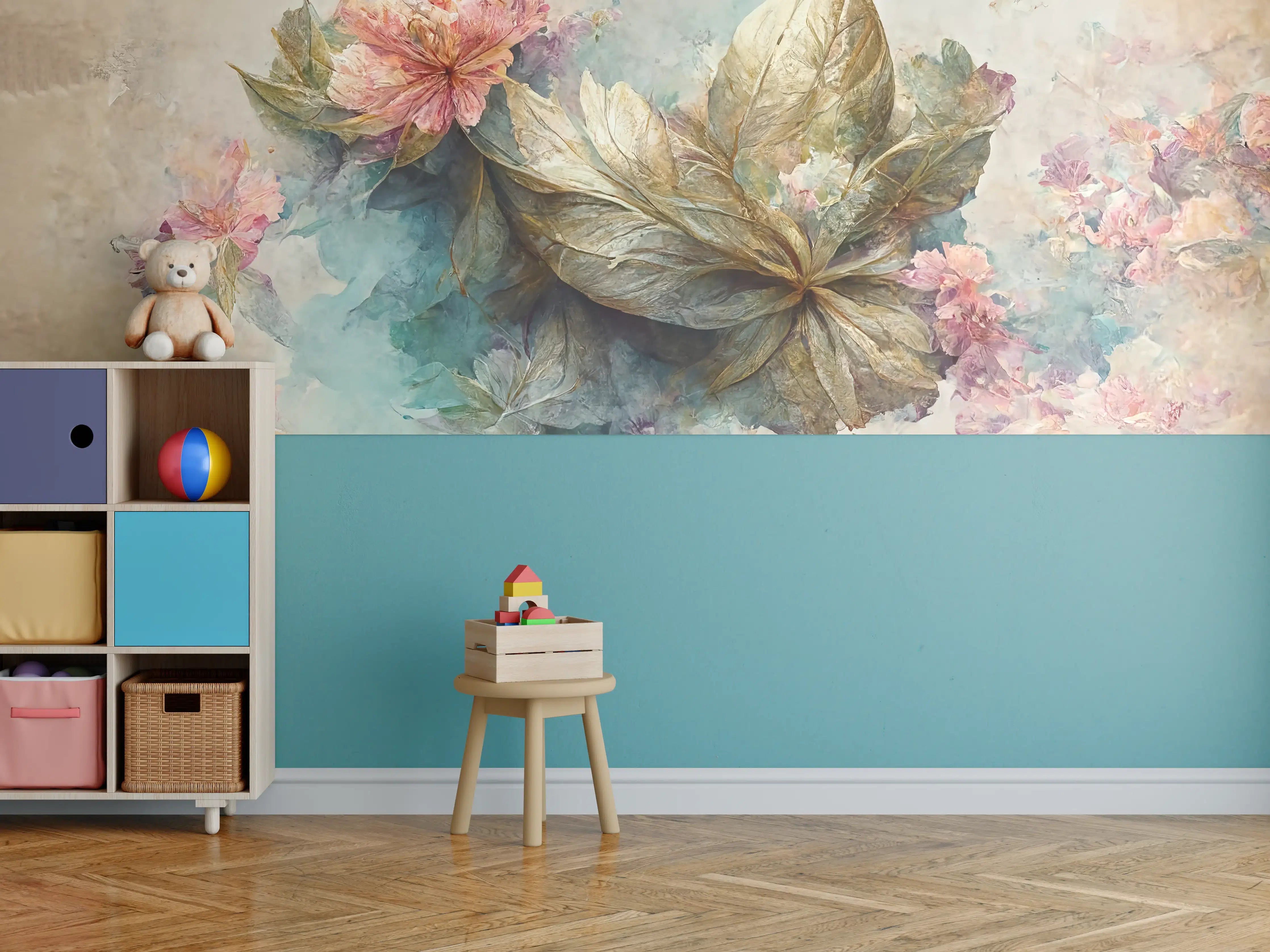 Kinderzimmer Wandgestaltung - Sanfte Blumen und Blätter im Wasserfarbenstil