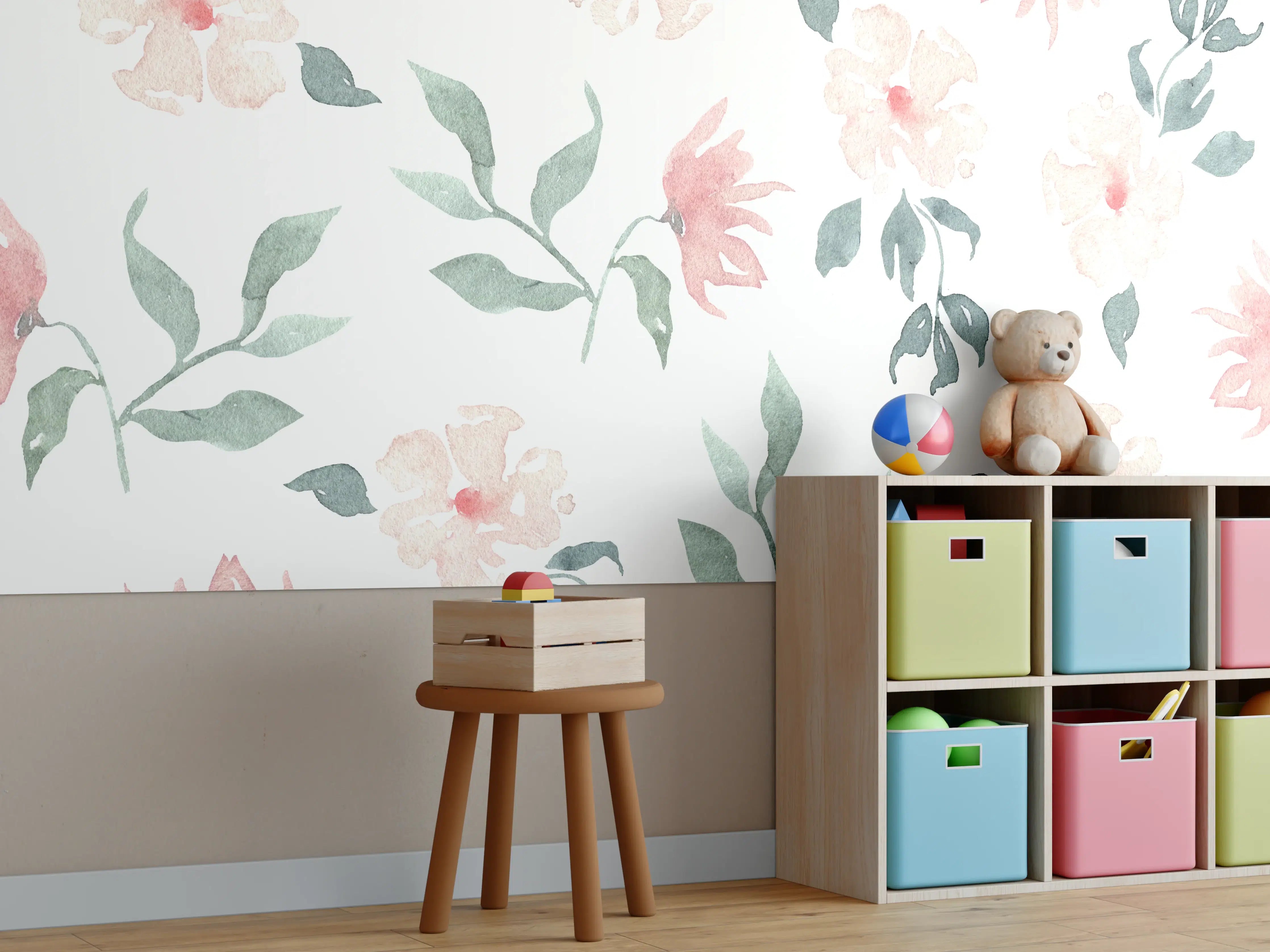Kinderzimmer Wandgestaltung - Sanfte Blumenmuster mit Pastellfarben