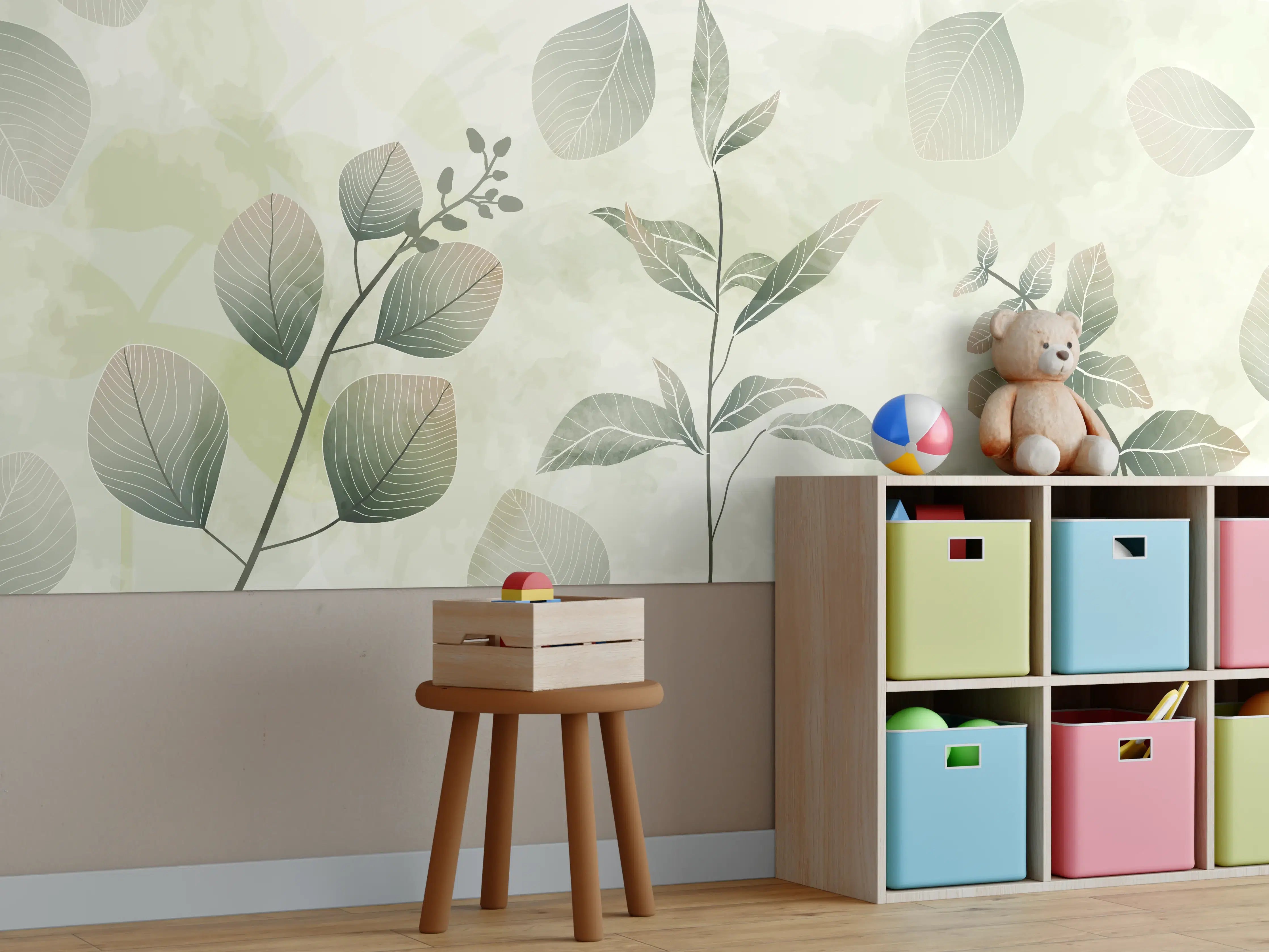 Kinderzimmer Wandgestaltung - Sanfte Botanical-Inspiration in Beige und Grau