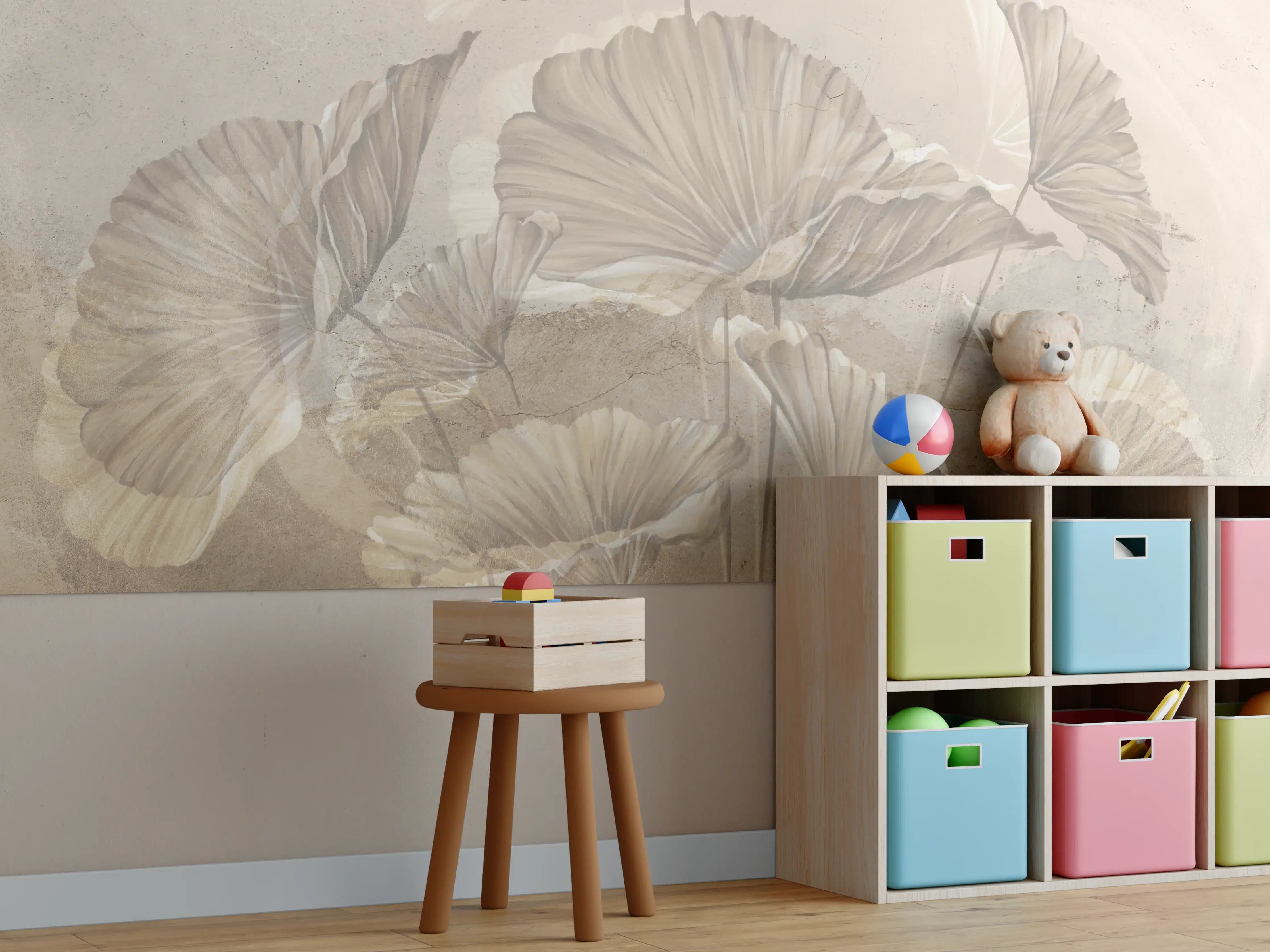 Kinderzimmer Wandgestaltung - Sanfte Ginkgo-Blätter in Beige