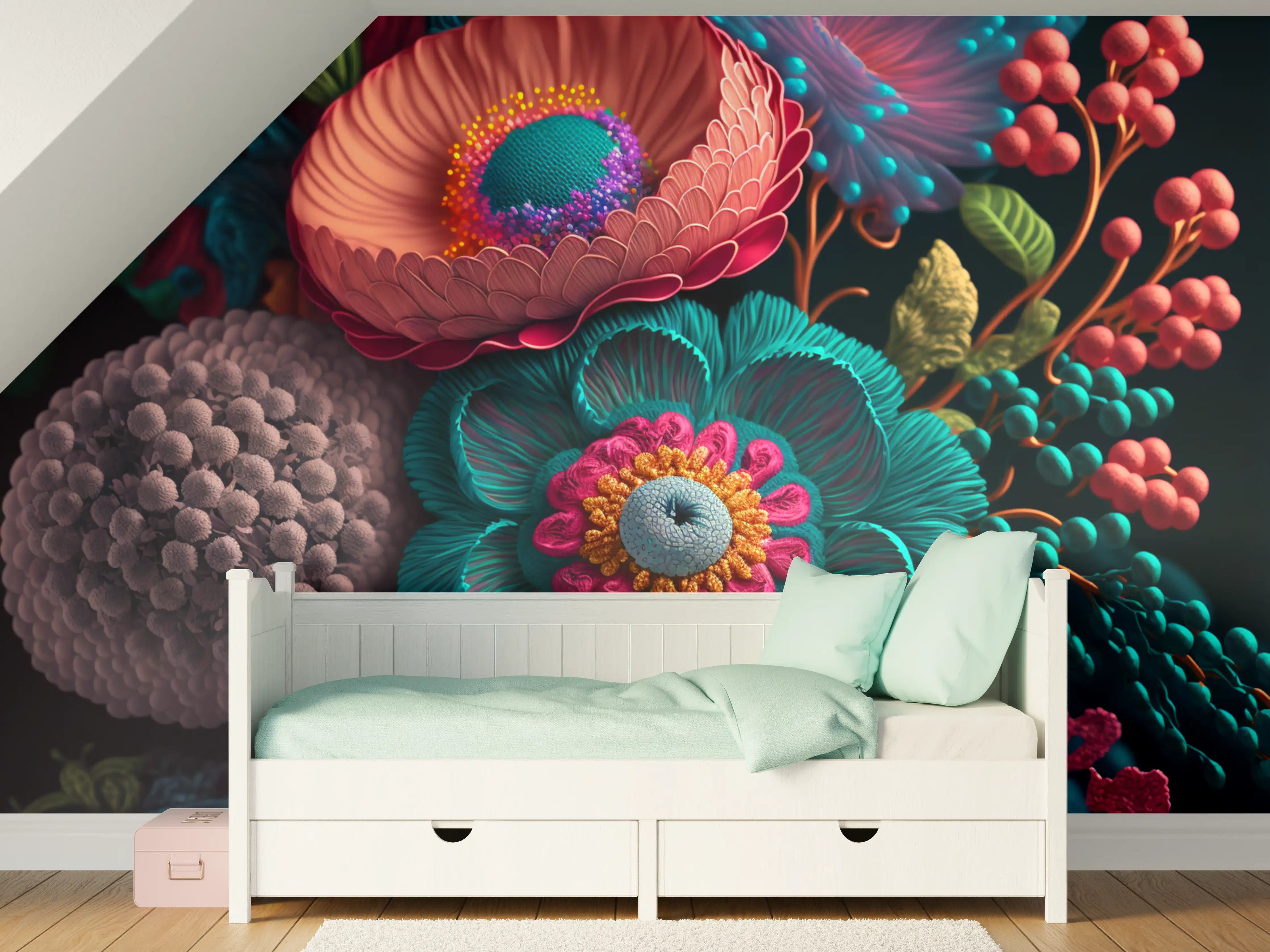 Kinderzimmer Wandgestaltung - Sanfte Grau-Blumen im Detail