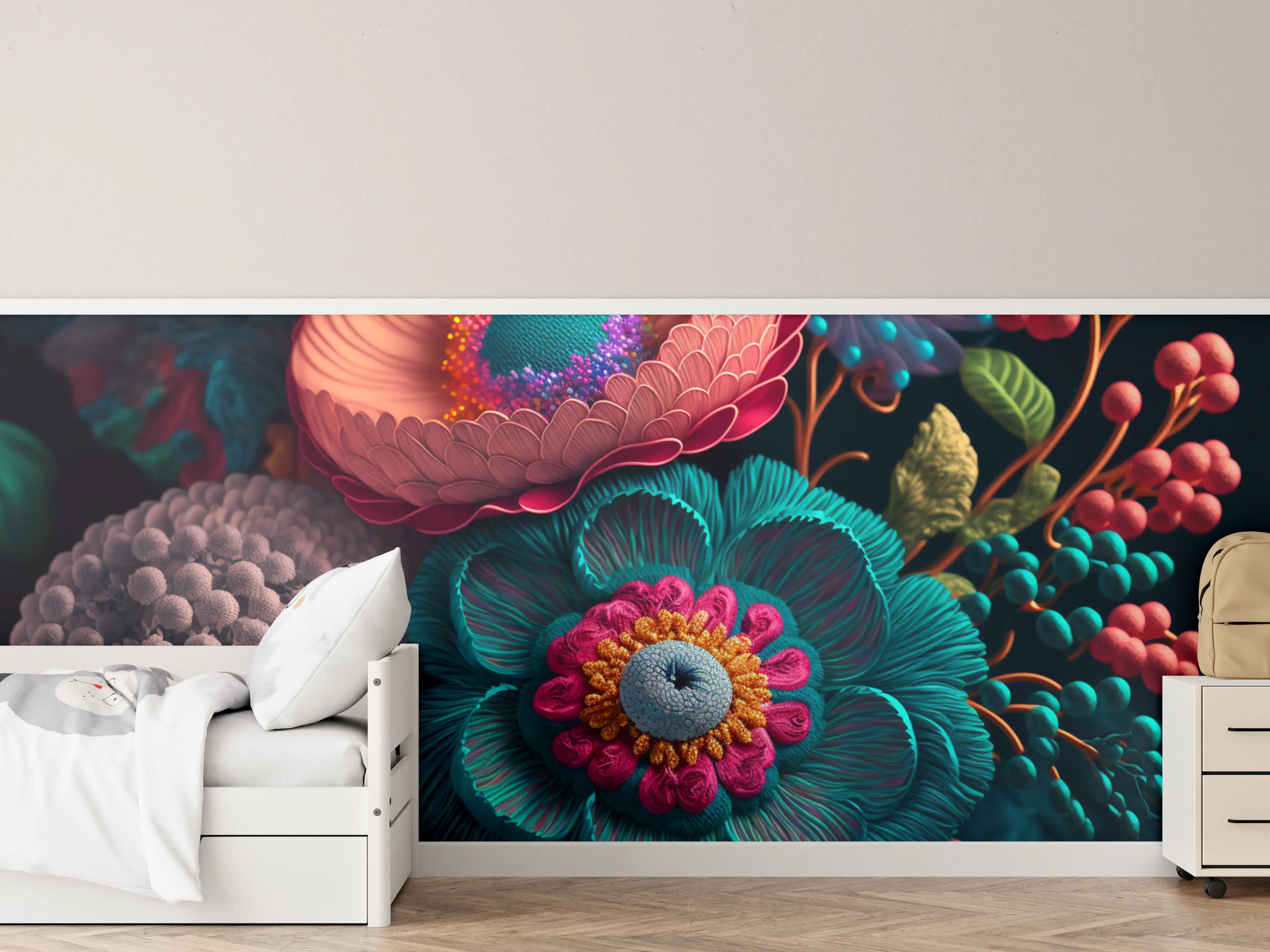 Kinderzimmer Wandgestaltung - Sanfte Grau-Blumen im Detail