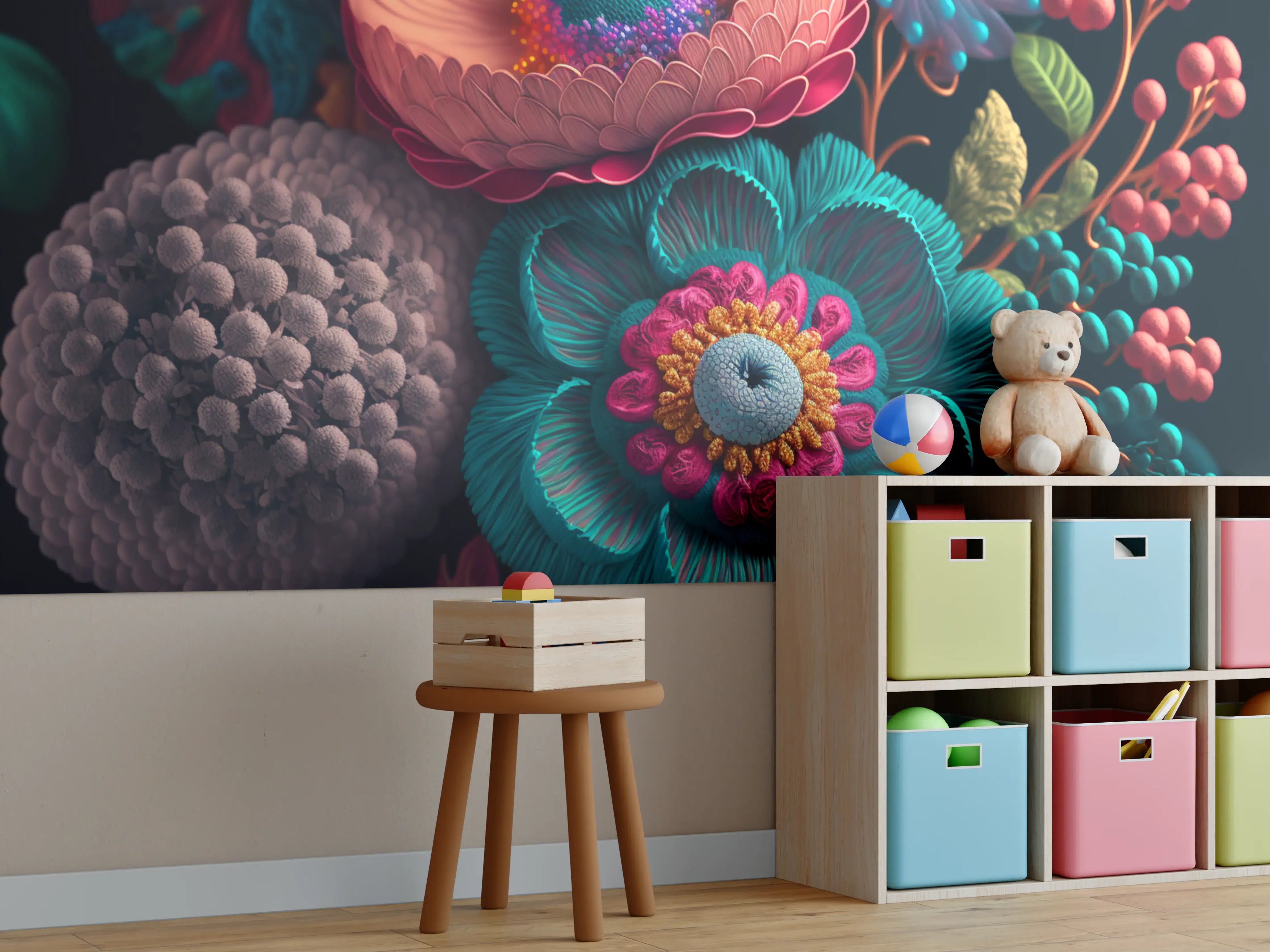 Kinderzimmer Wandgestaltung - Sanfte Grau-Blumen im Detail