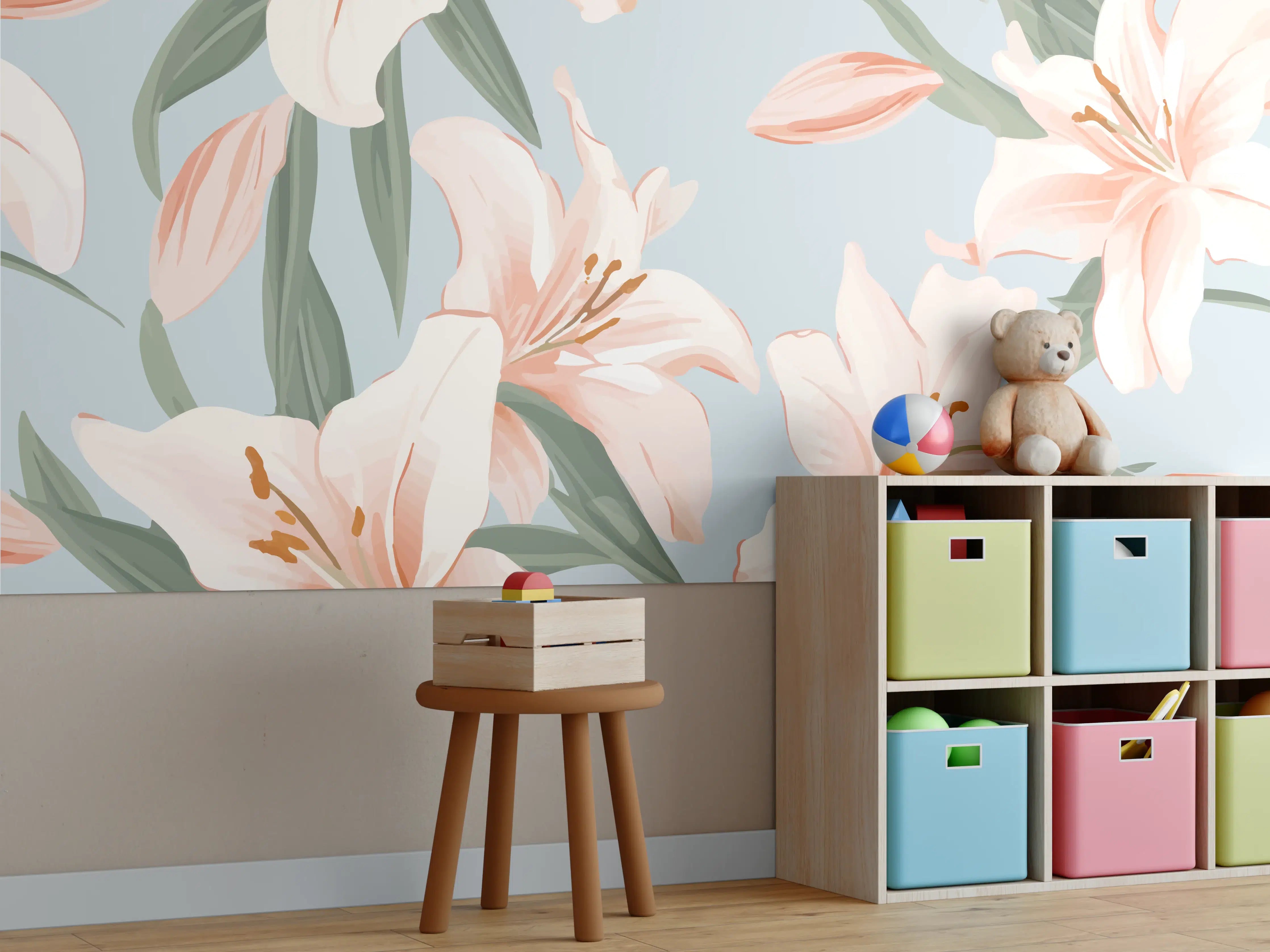 Kinderzimmer Wandgestaltung - Sanfte Grautöne in Pastellrosen