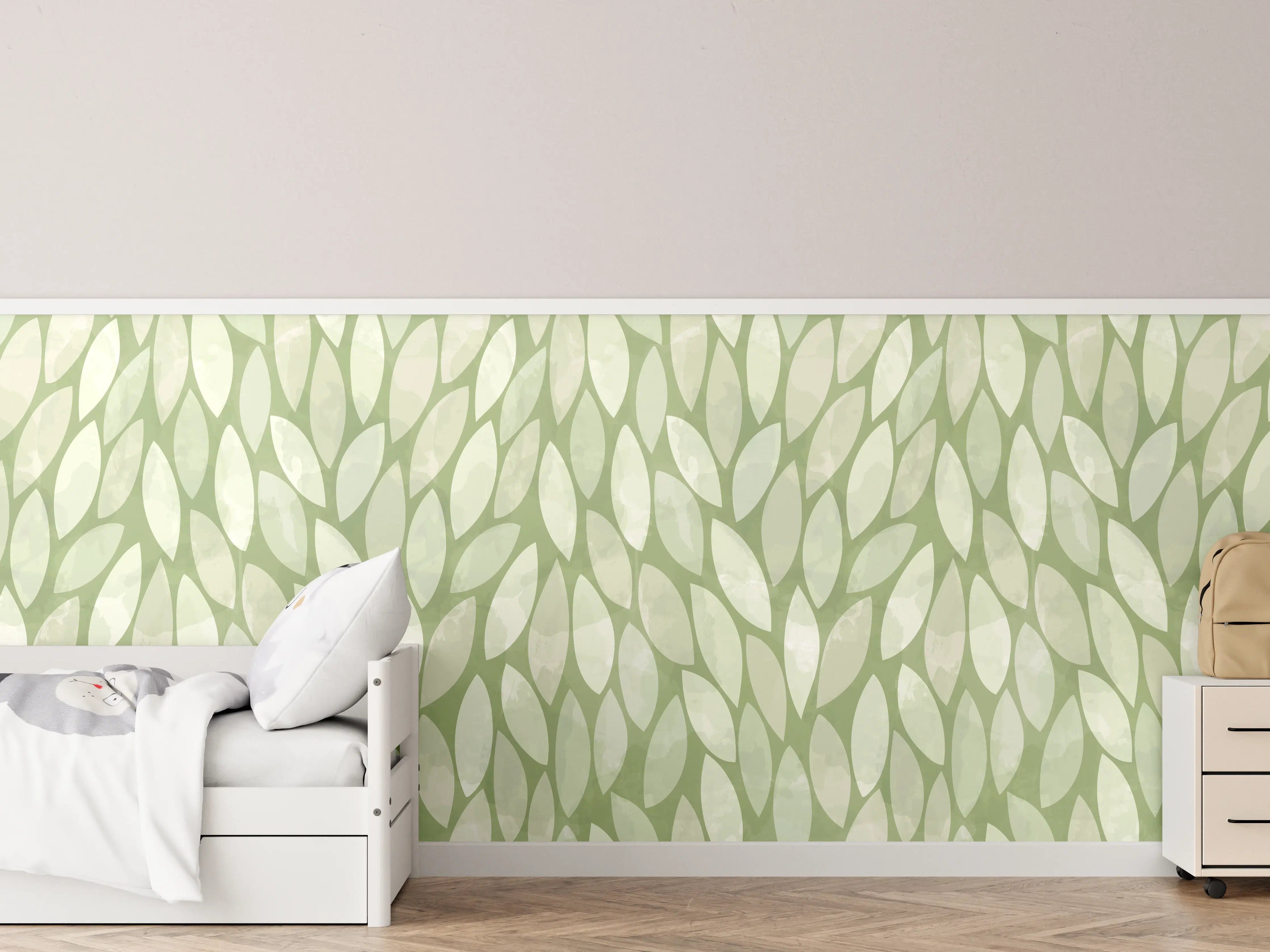 Kinderzimmer Wandgestaltung - Sanfte Grüne Blätter naturbelassenes Muster