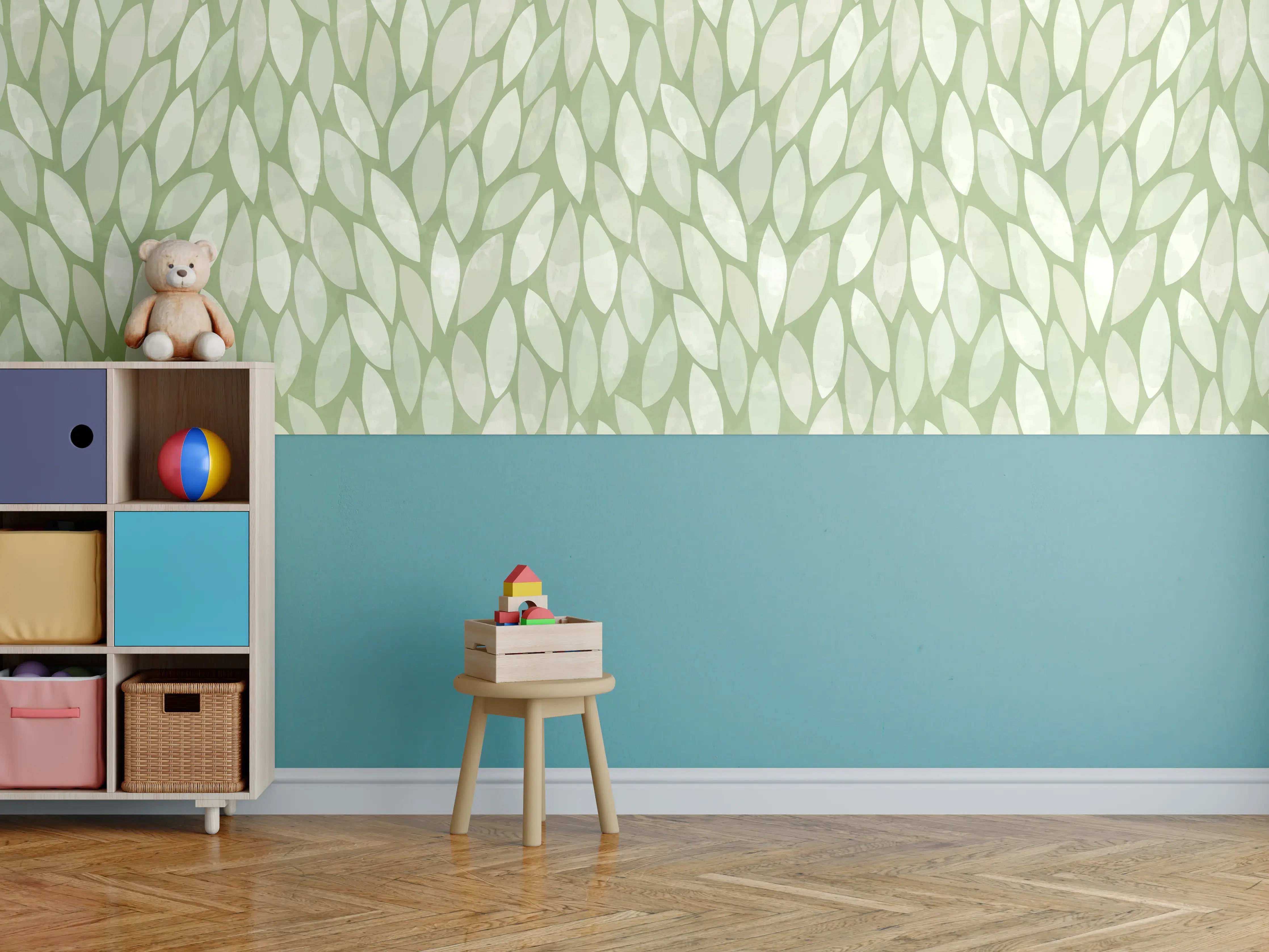 Kinderzimmer Wandgestaltung - Sanfte Grüne Blätter naturbelassenes Muster