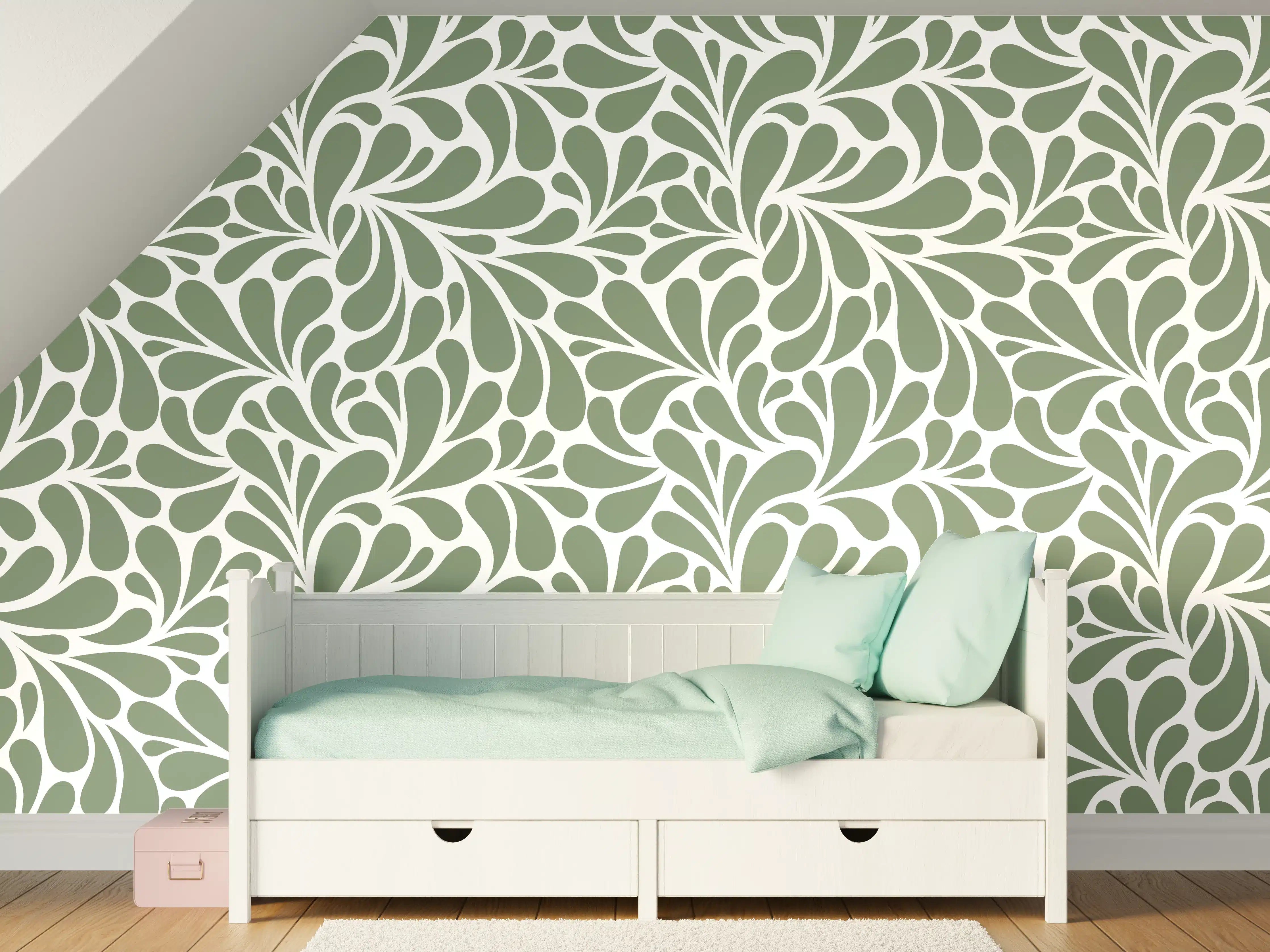 Kinderzimmer Wandgestaltung - Sanfte Grüntöne mit floraler Musterarbeit