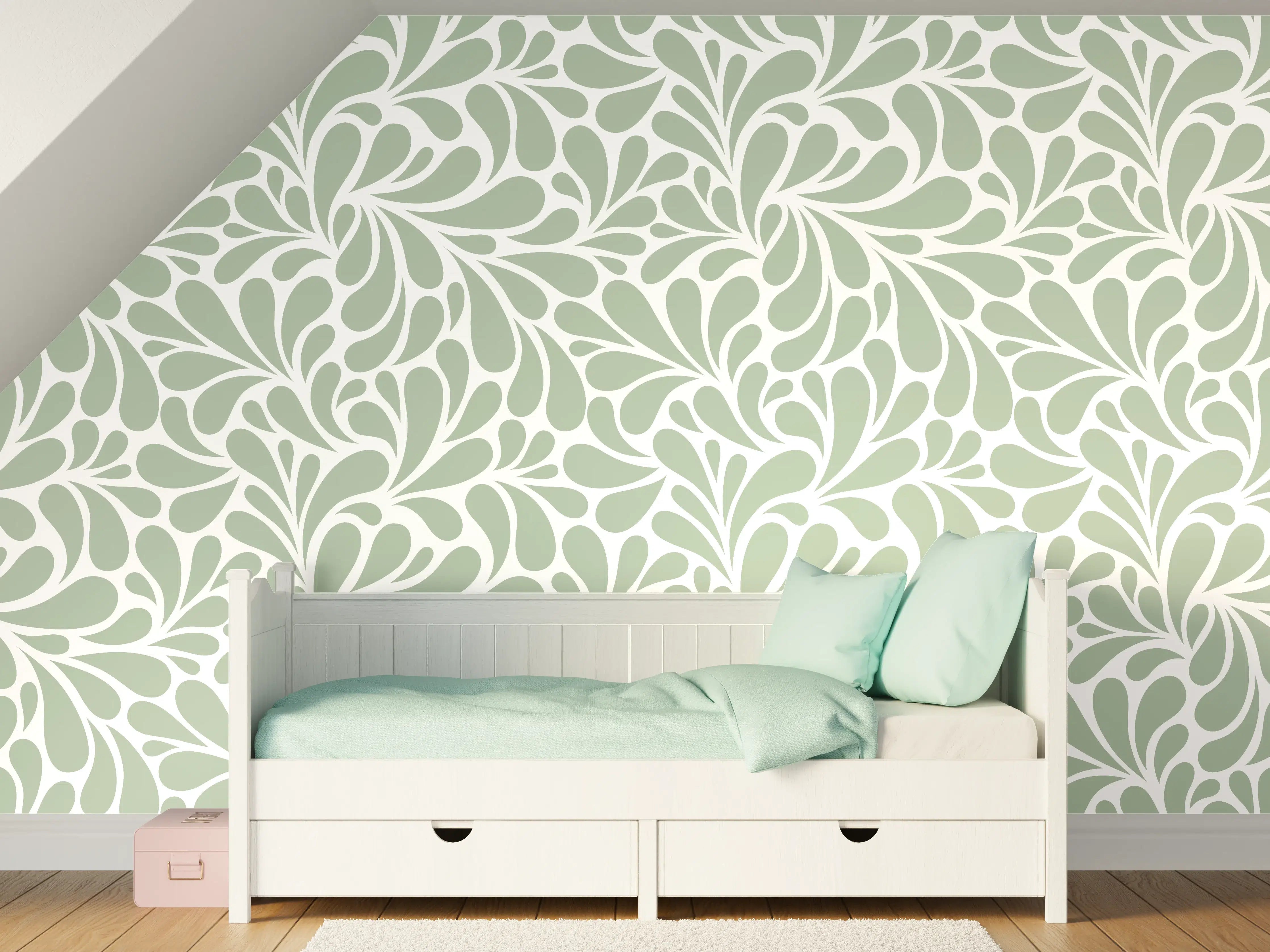 Kinderzimmer Wandgestaltung - Sanfte Grüntöne mit floraler Musterung