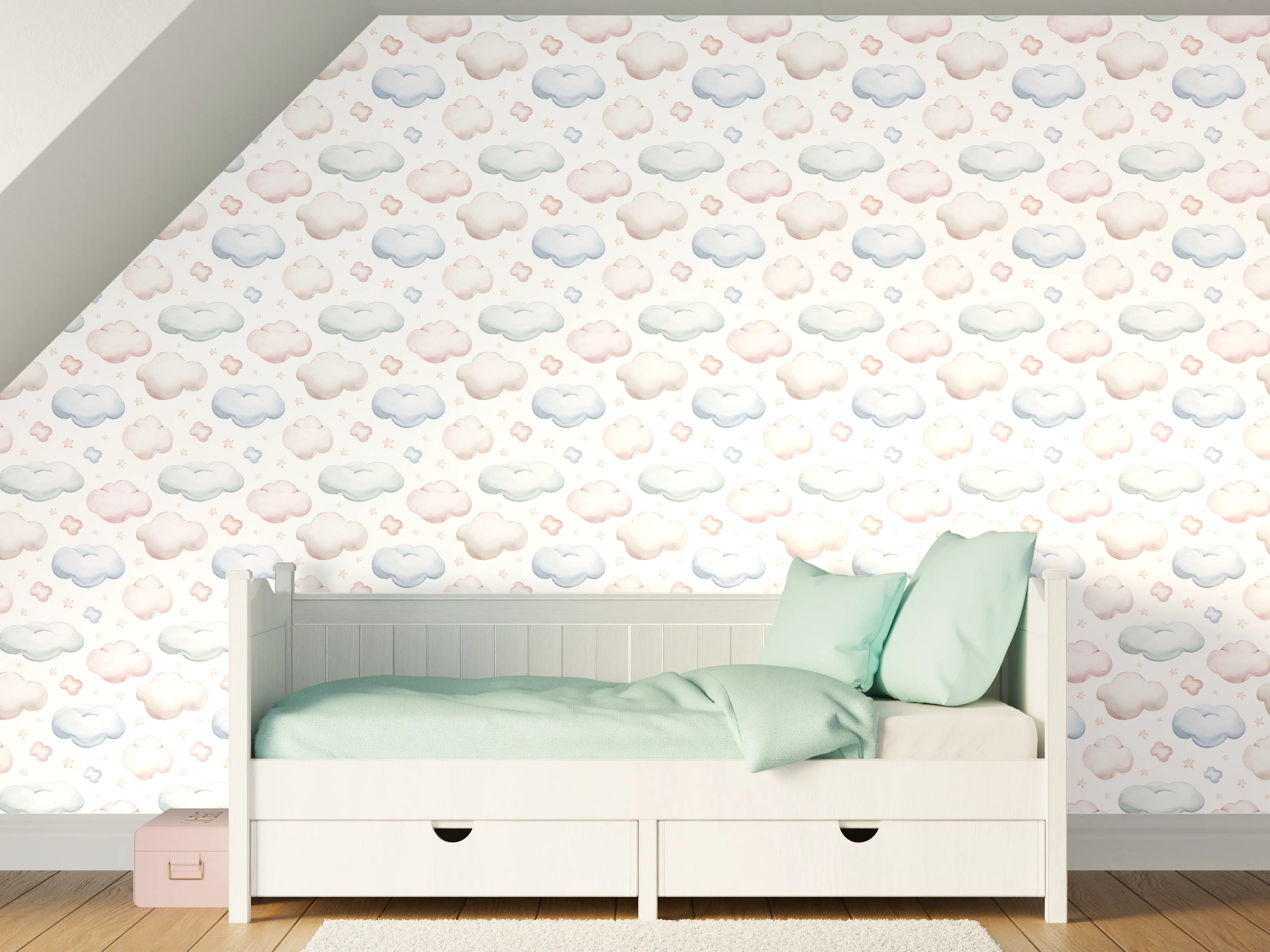 Kinderzimmer Wandgestaltung - Sanfte Himmelsszene mit Wolken und Pastellfarben