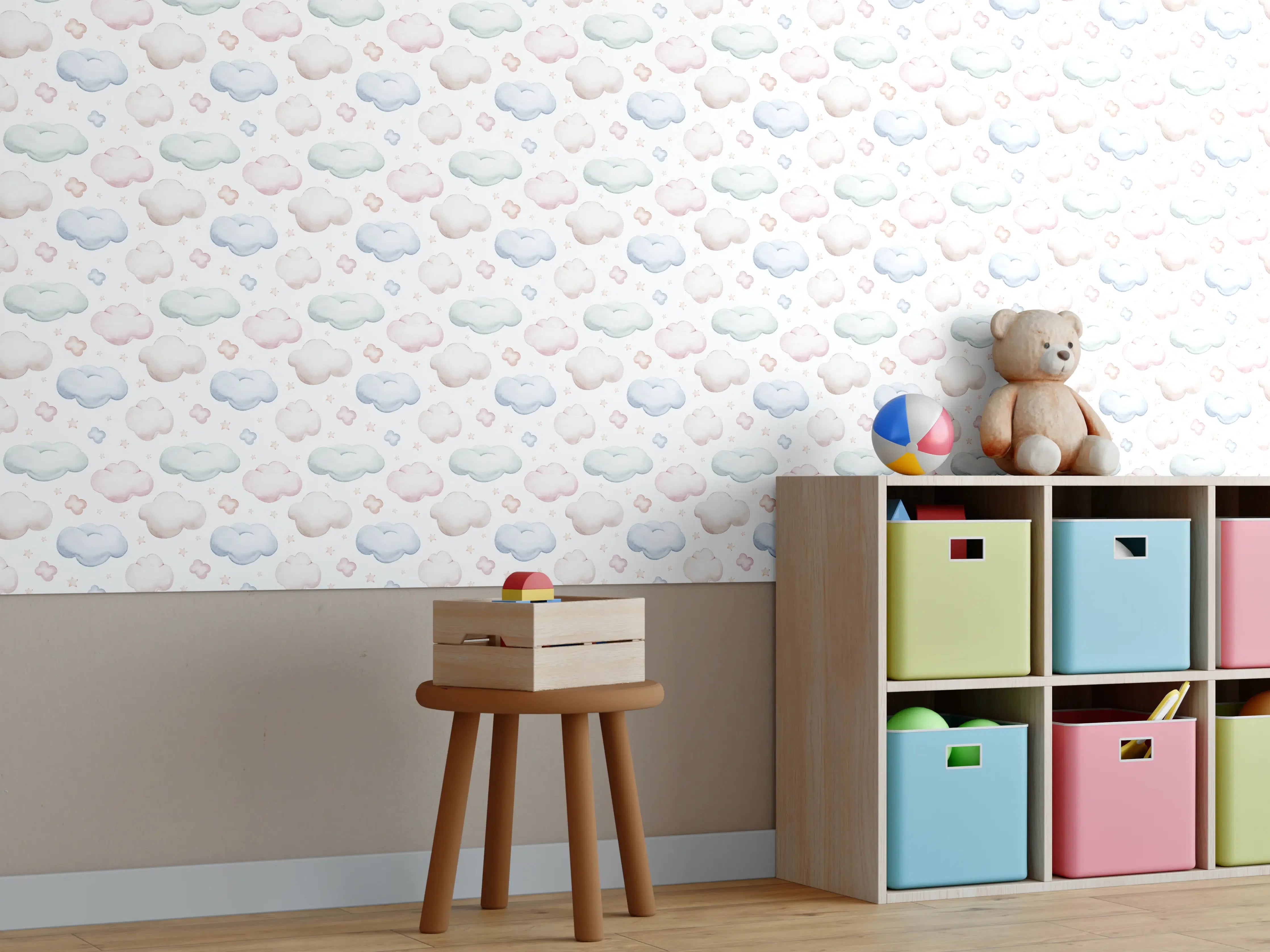 Kinderzimmer Wandgestaltung - Sanfte Himmelsszene mit Wolken und Pastellfarben