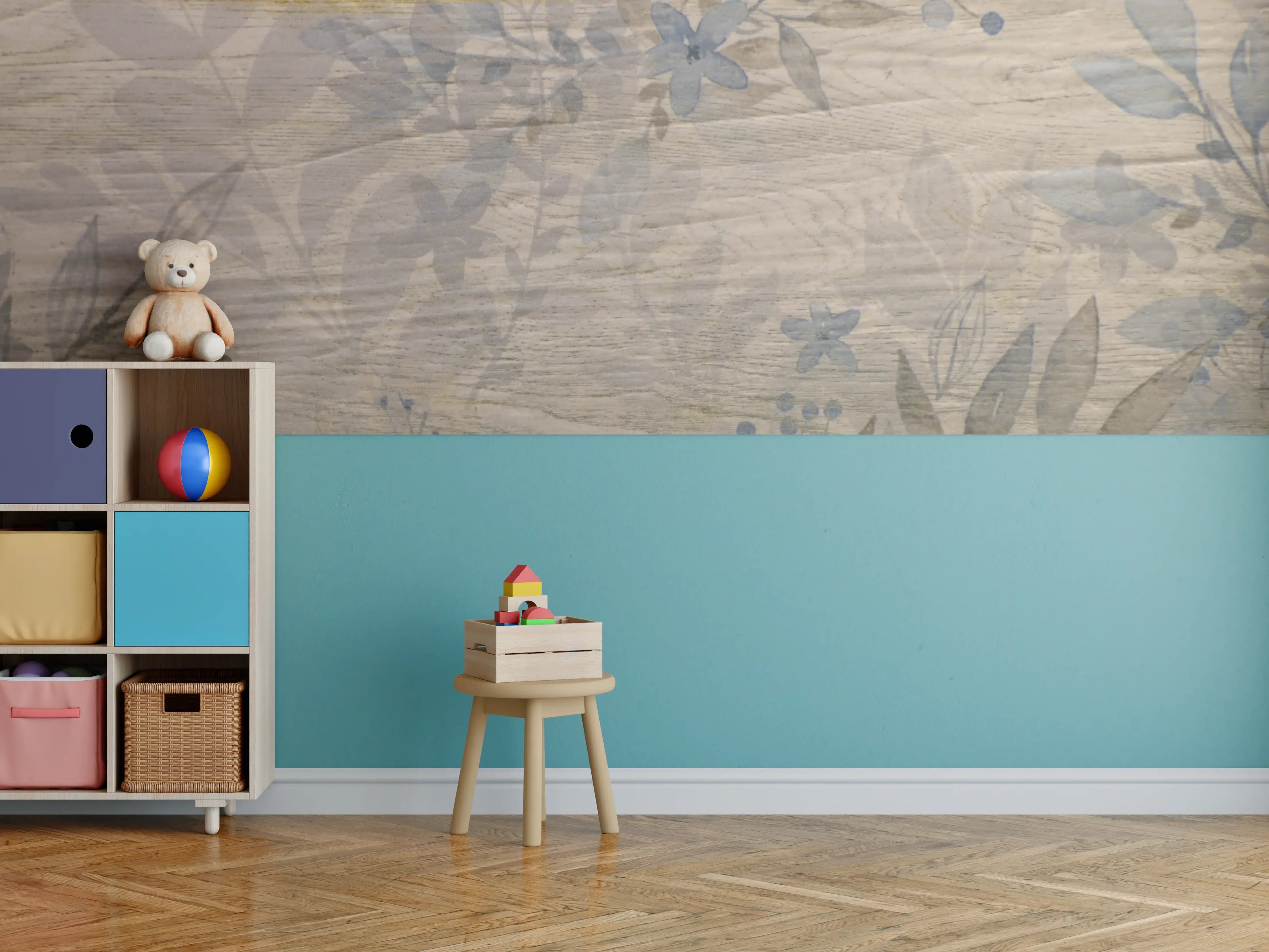 Kinderzimmer Wandgestaltung - Sanfte Holzmuster mit floralem Dekor