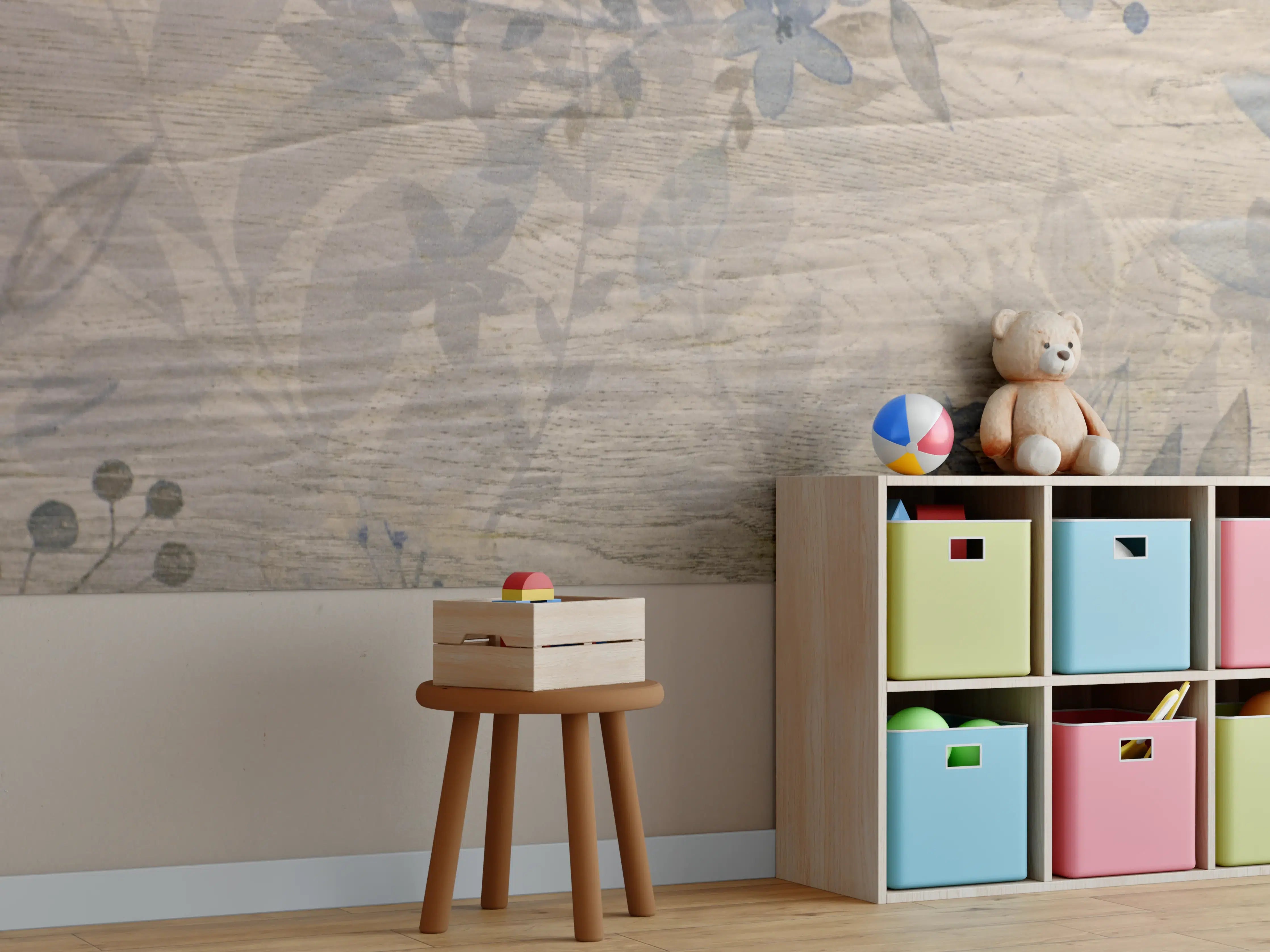 Kinderzimmer Wandgestaltung - Sanfte Holzmuster mit floralem Dekor