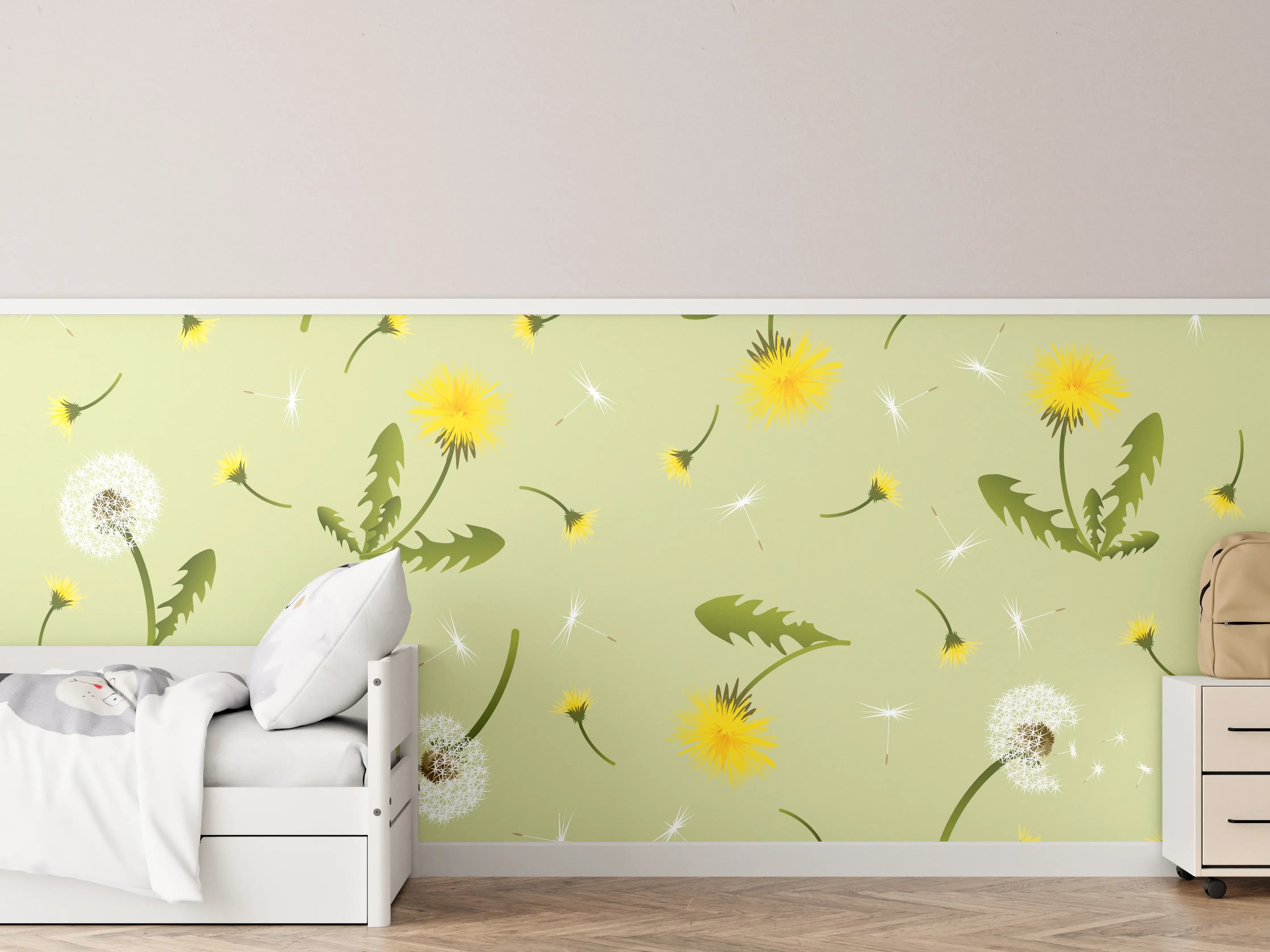 Kinderzimmer Wandgestaltung - Sanfte Löwenzahn- und Blumentapete in Grün und Gelb