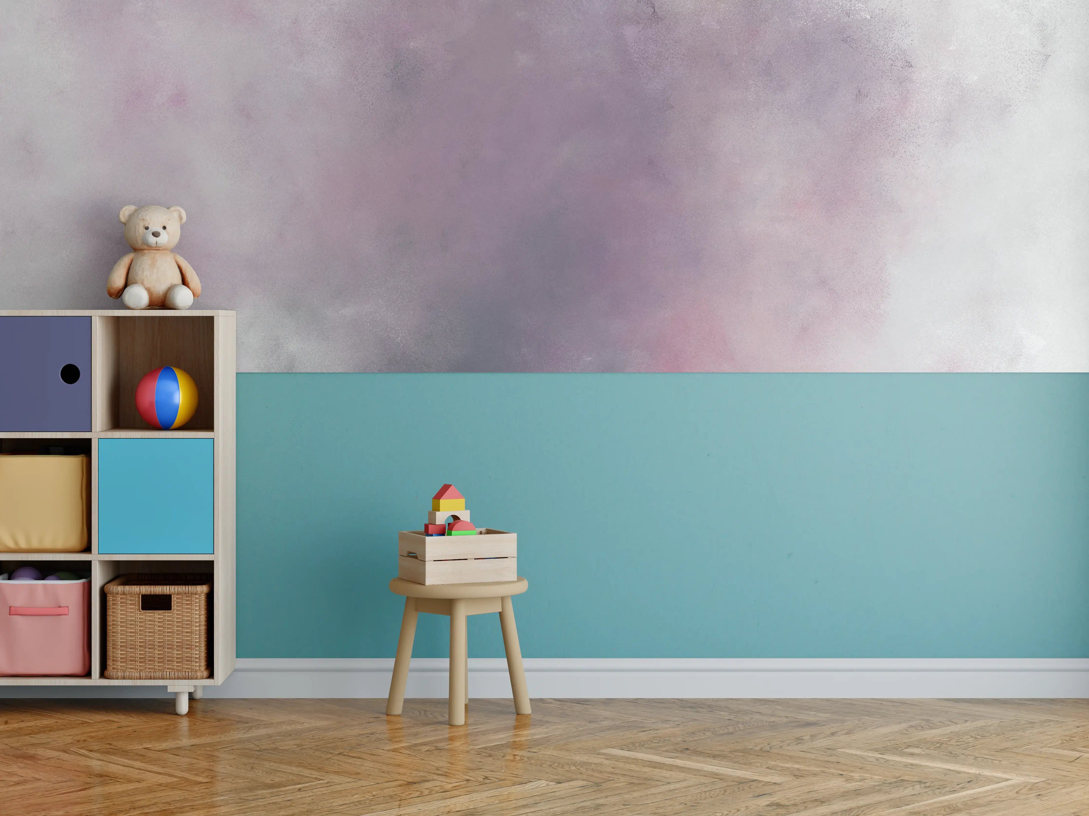 Kinderzimmer Wandgestaltung - Sanfte Pastell-Wolken in Grau und Rosa