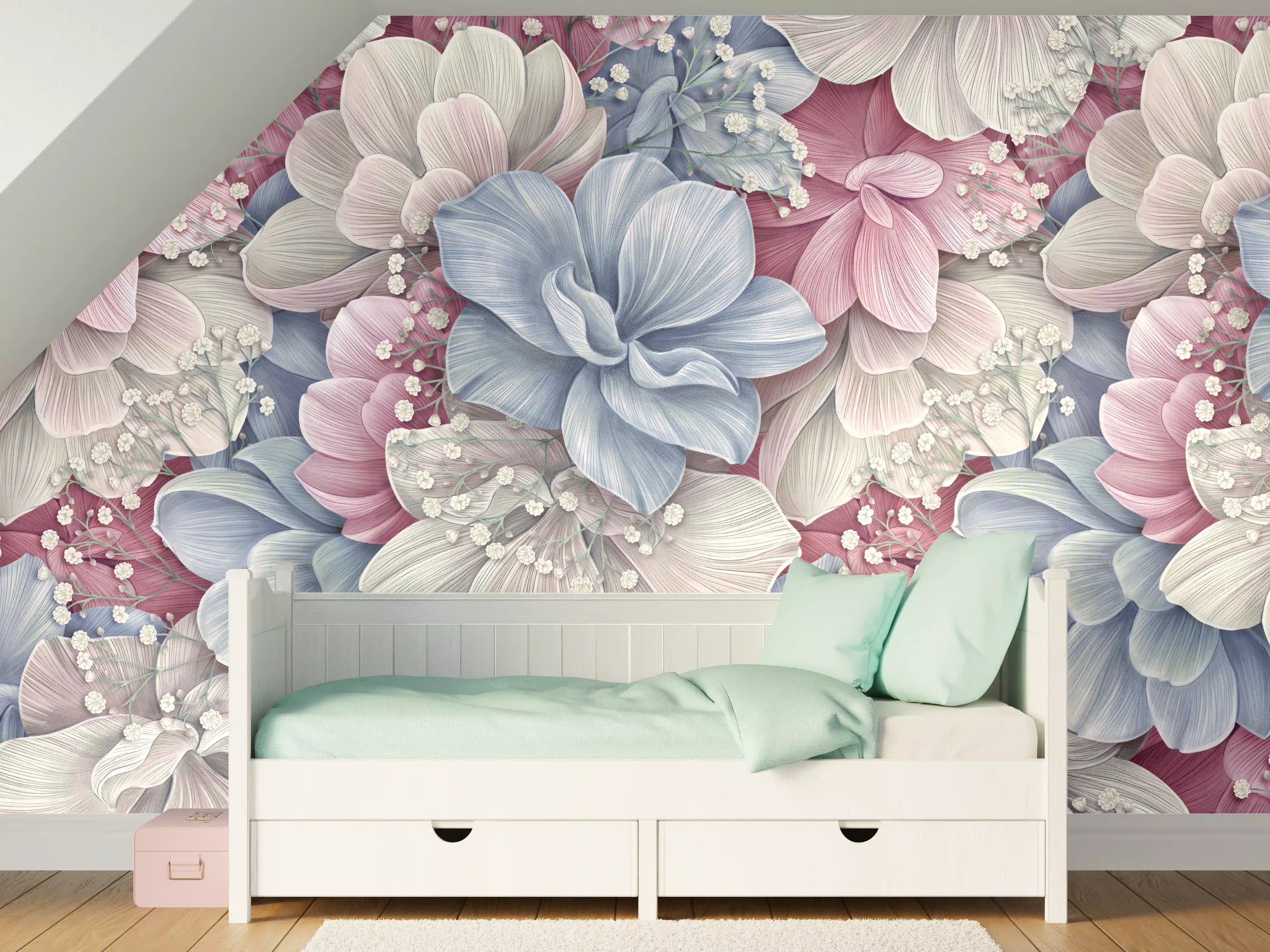 Kinderzimmer Wandgestaltung - Sanfte Pastellblumen in Wasserfarbenoptik