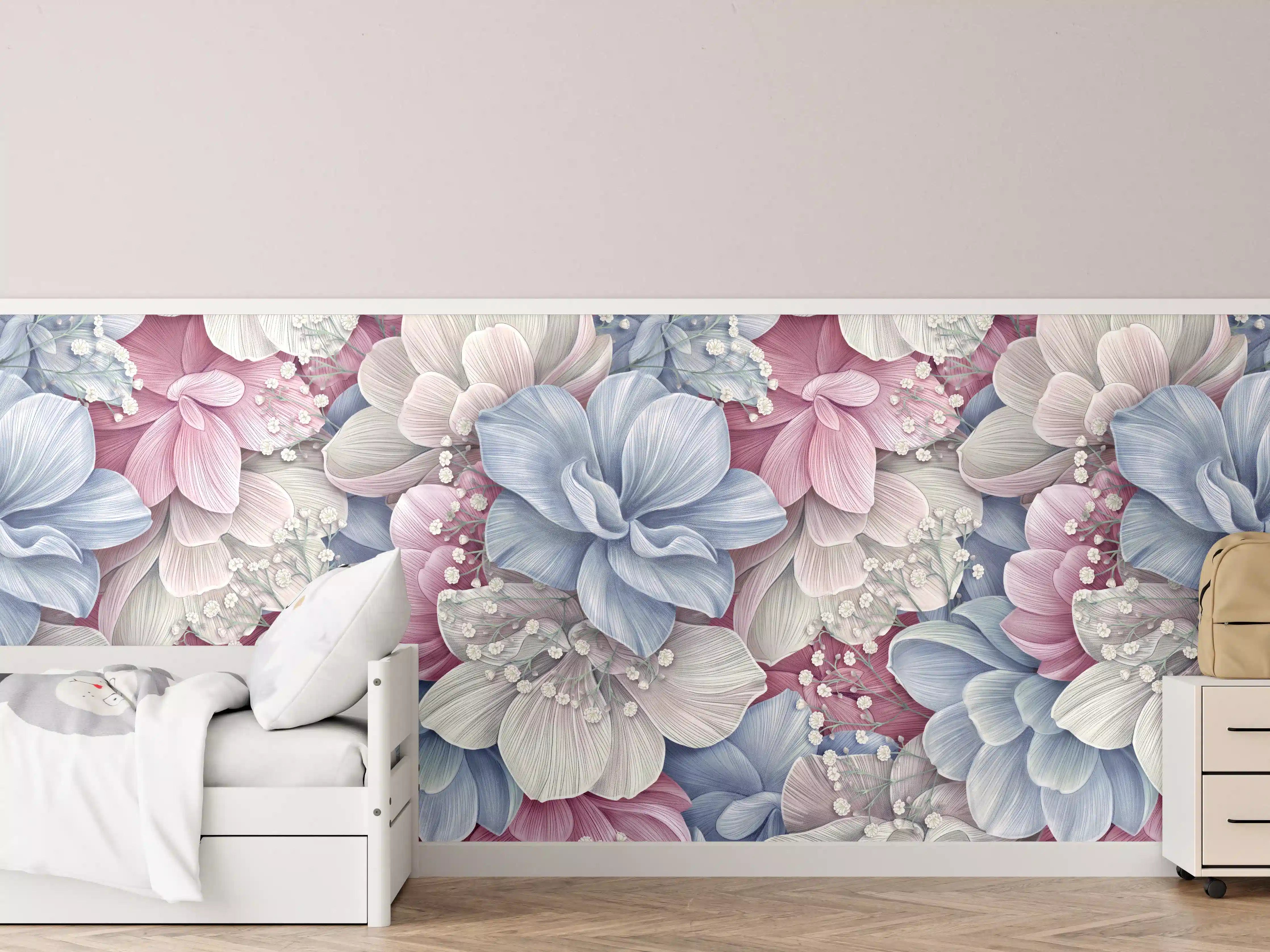 Kinderzimmer Wandgestaltung - Sanfte Pastellblumen in Wasserfarbenoptik