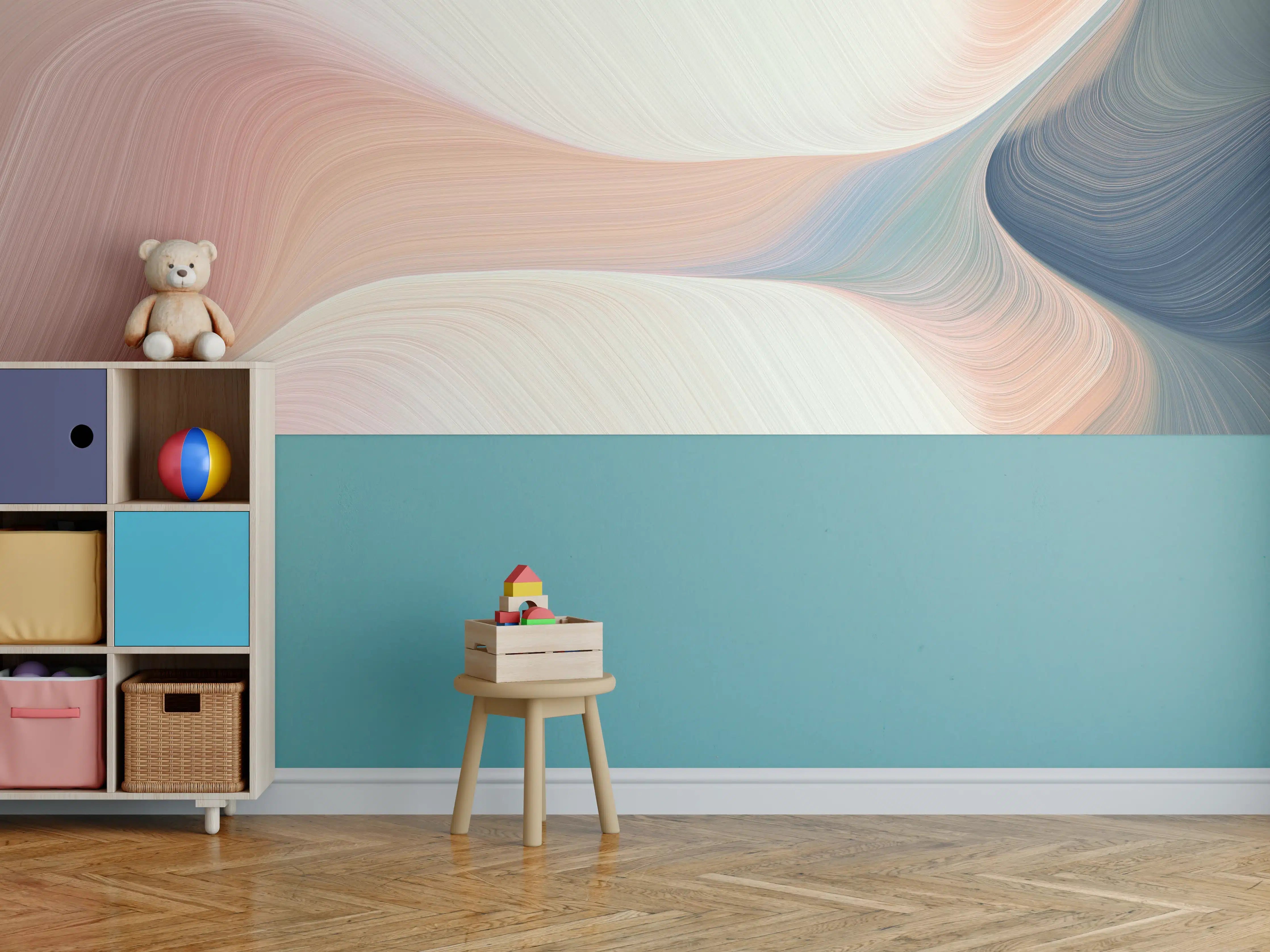 Kinderzimmer Wandgestaltung - Sanfte Pastellwellen in Creme und Blau