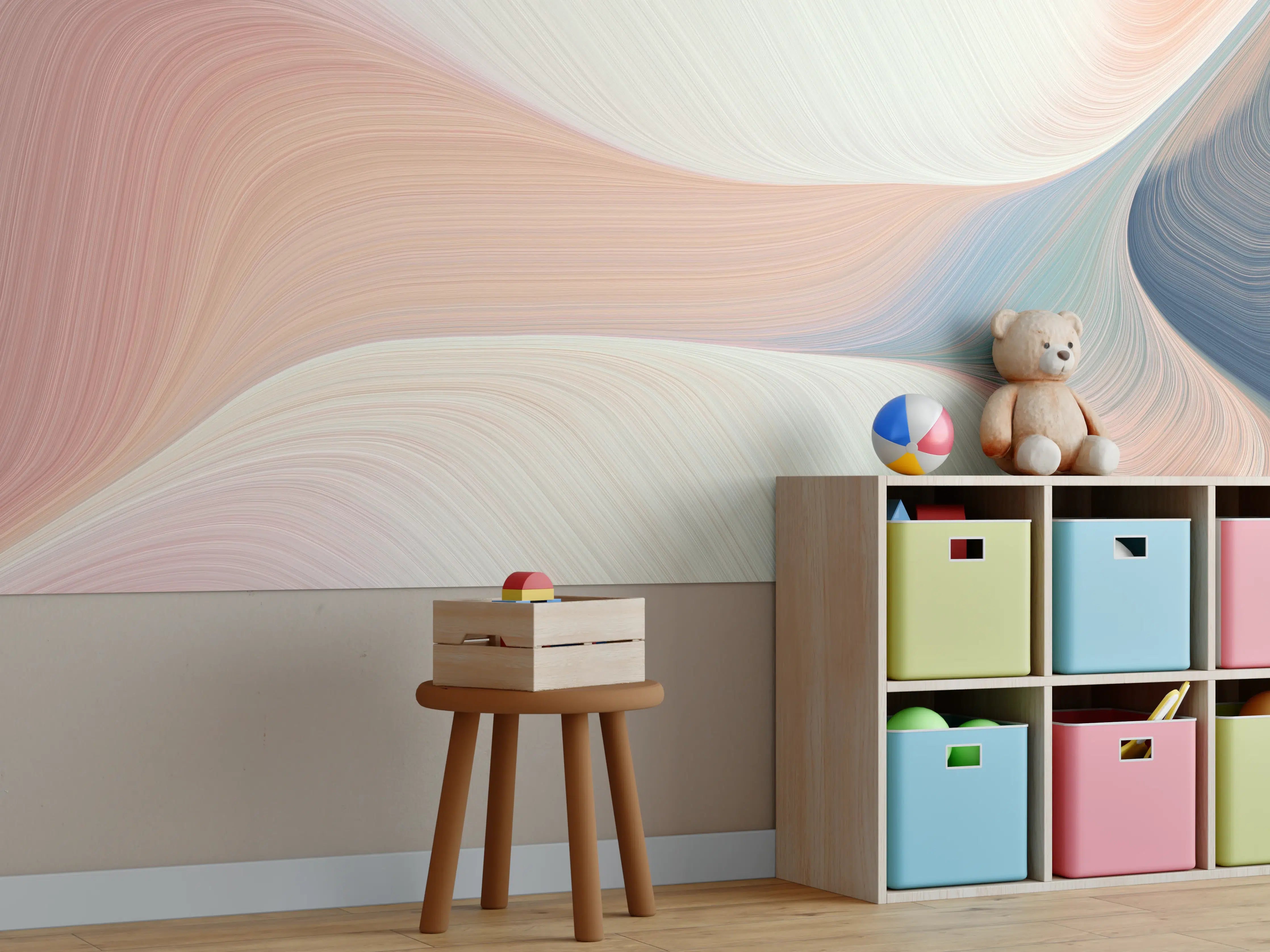 Kinderzimmer Wandgestaltung - Sanfte Pastellwellen in Creme und Blau