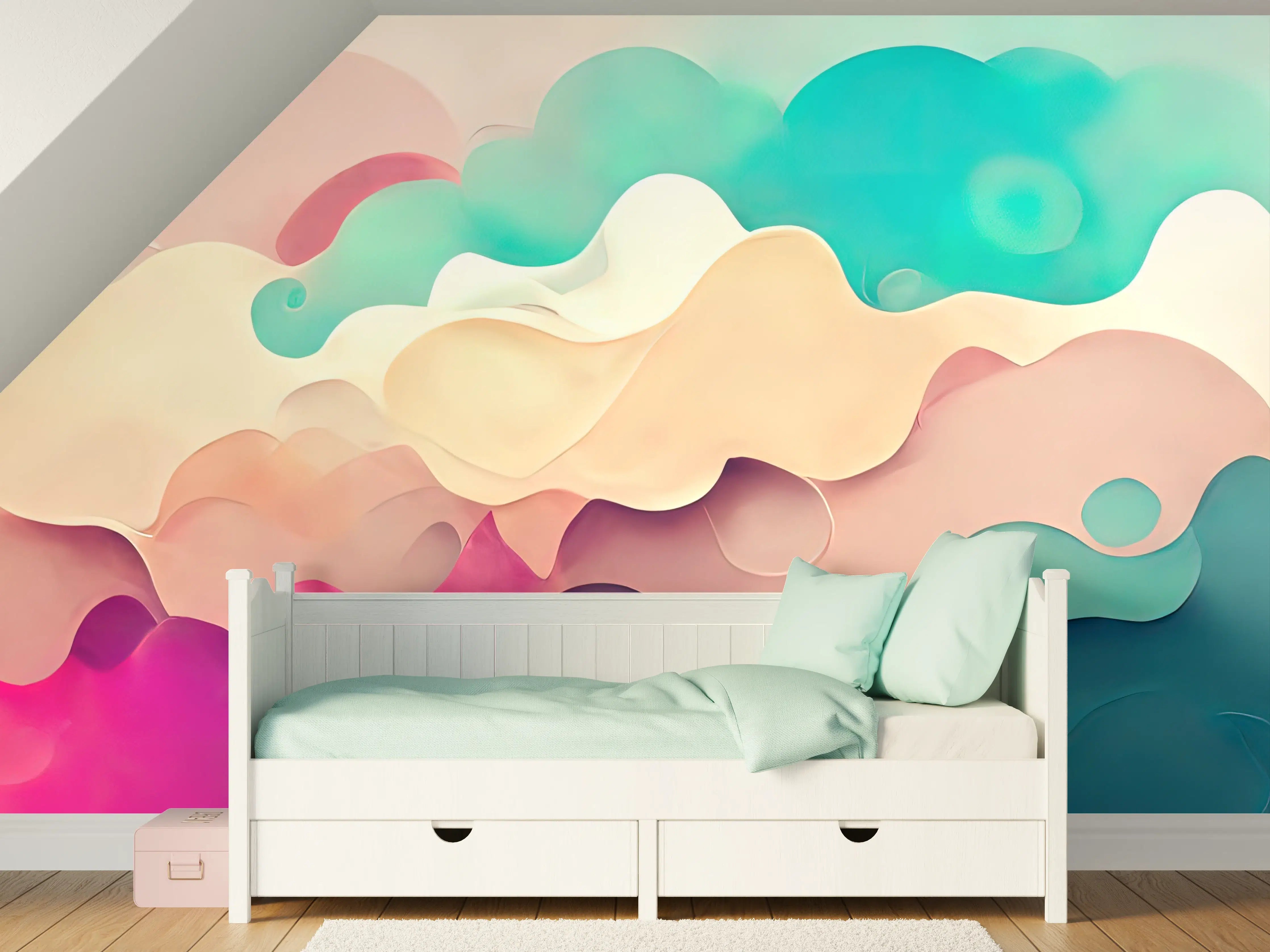 Kinderzimmer Wandgestaltung - Sanfte Pastellwellen in Himmelblau und Rosa