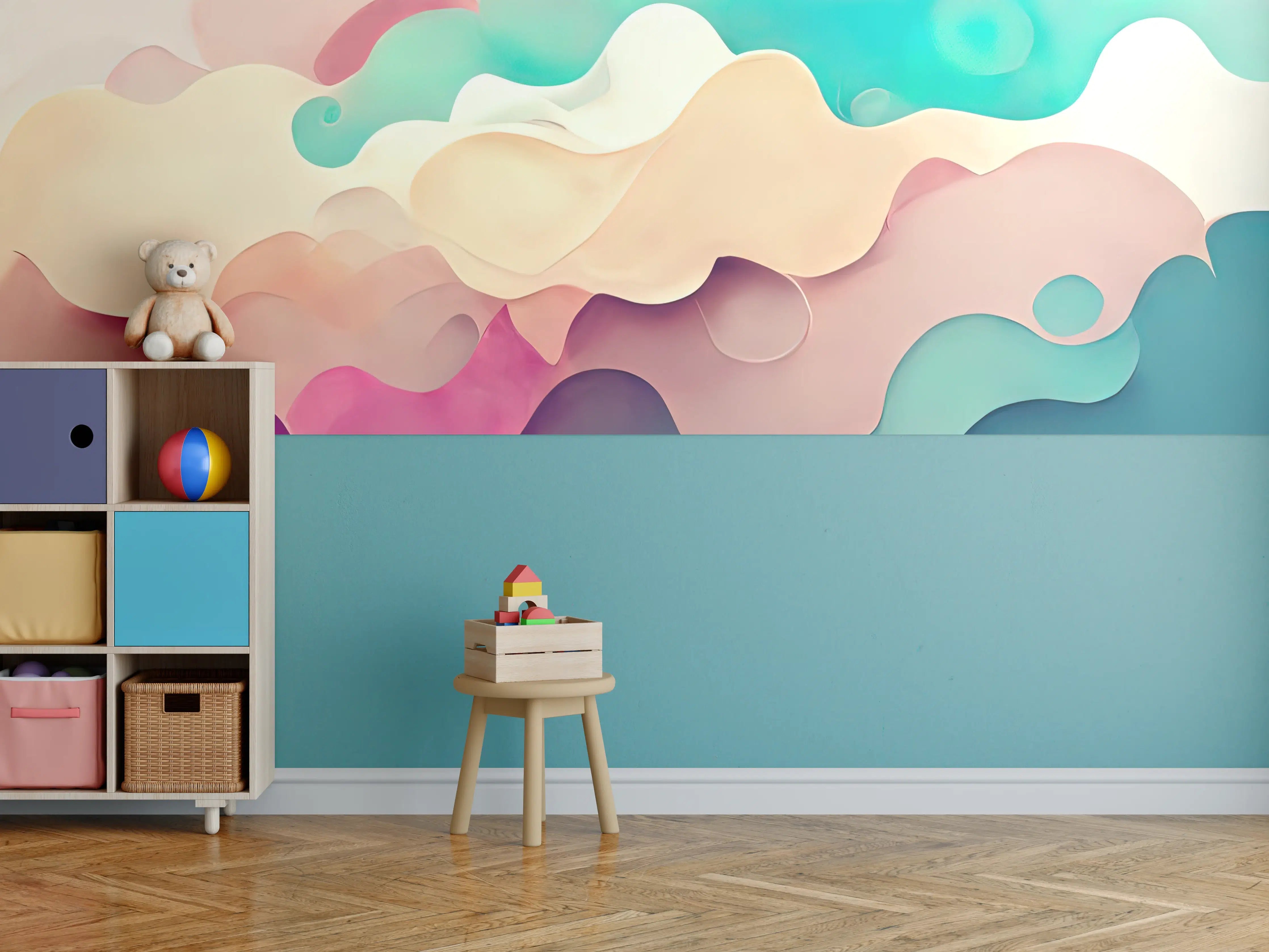 Kinderzimmer Wandgestaltung - Sanfte Pastellwellen in Himmelblau und Rosa