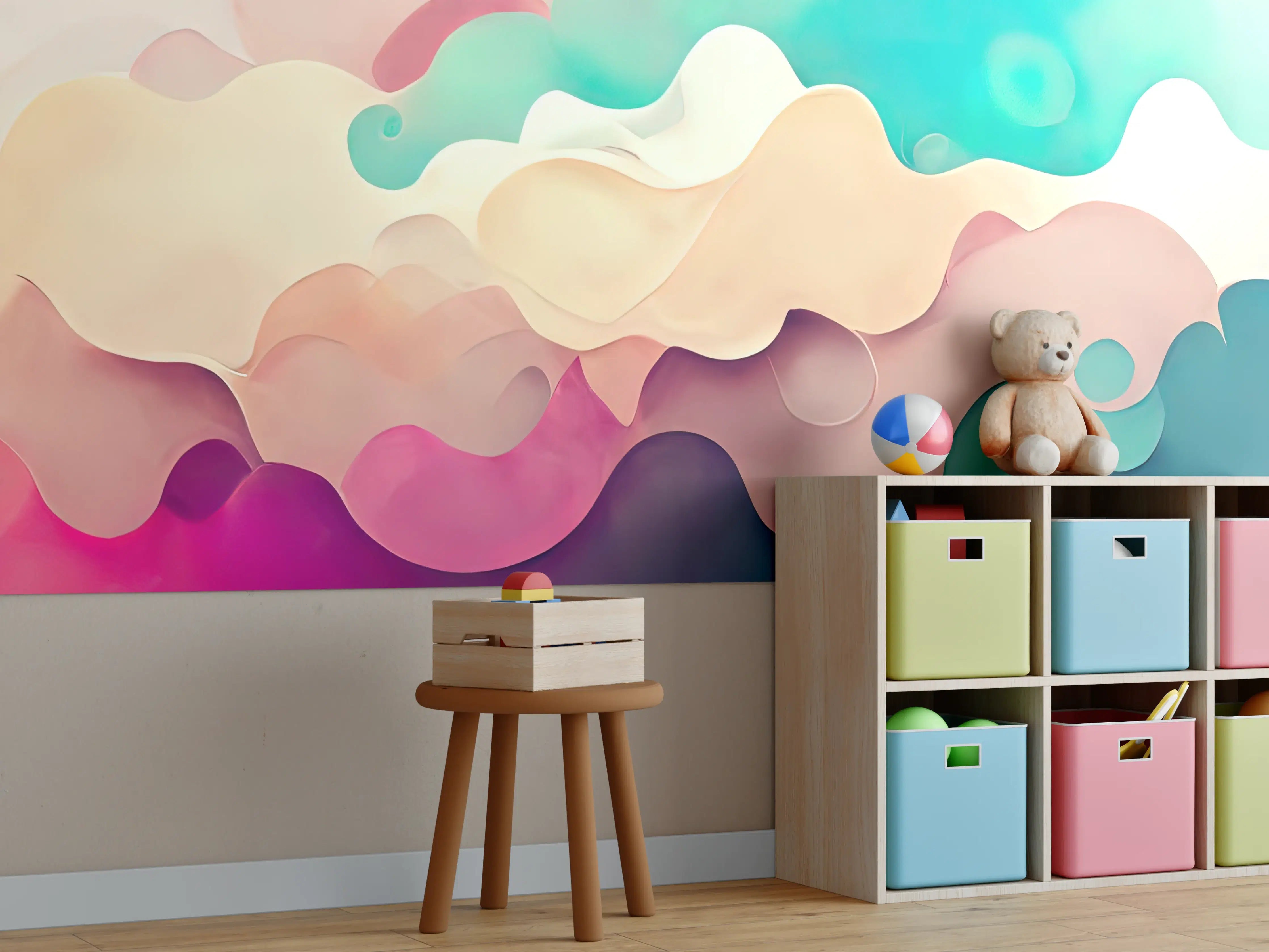 Kinderzimmer Wandgestaltung - Sanfte Pastellwellen in Himmelblau und Rosa