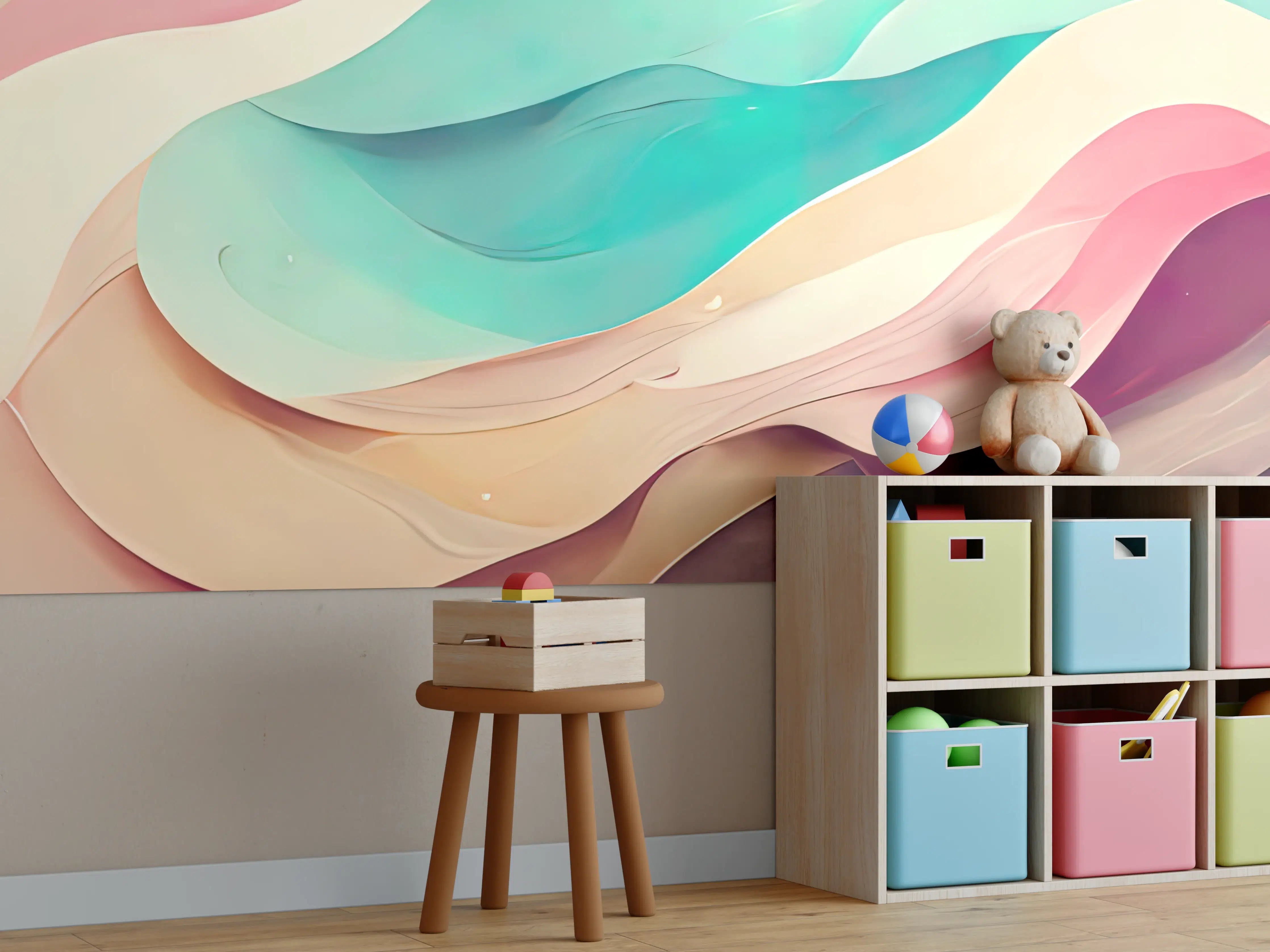 Kinderzimmer Wandgestaltung - Sanfte Pastellwellen in zarten Farben
