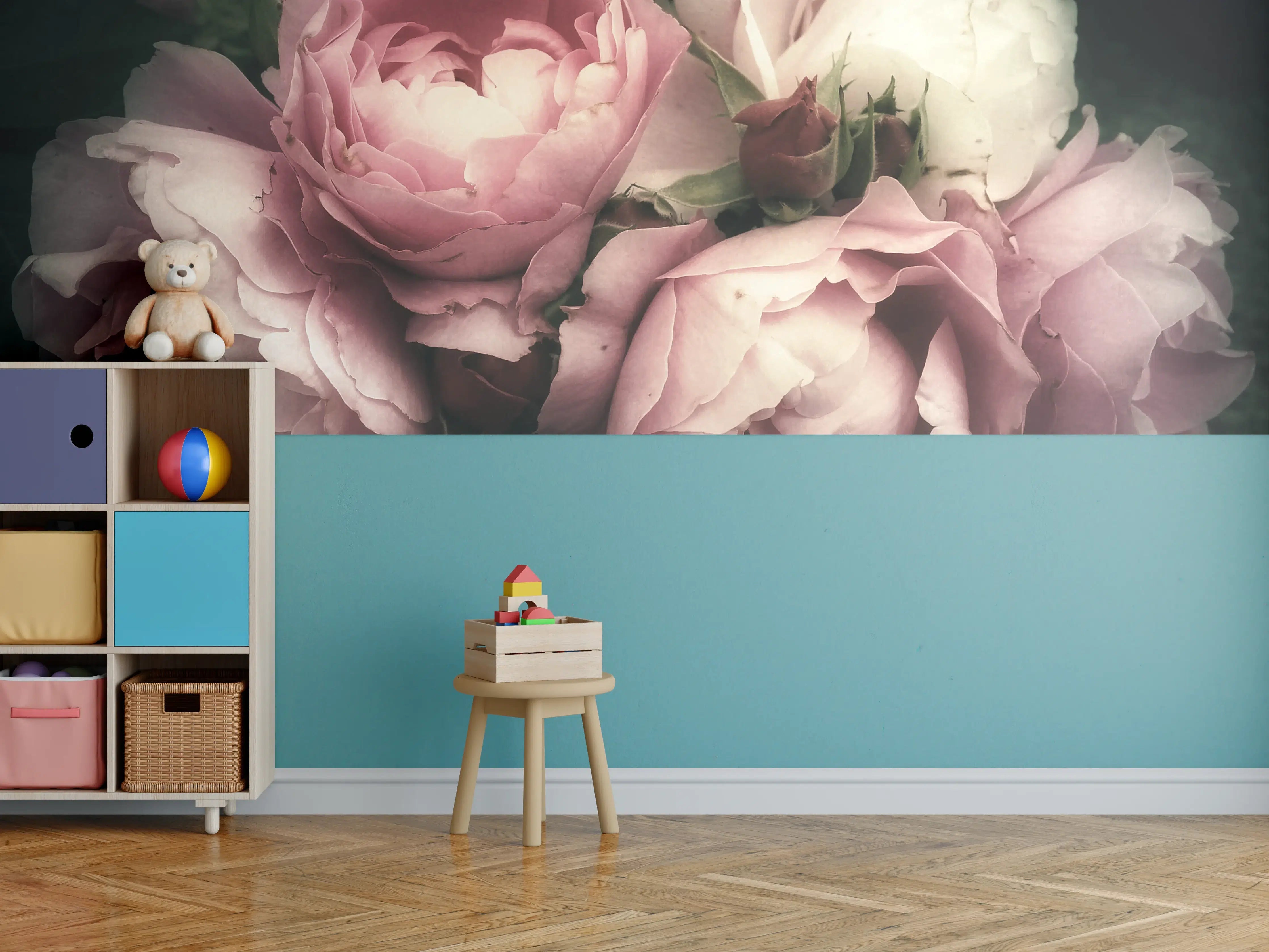 Kinderzimmer Wandgestaltung - Sanfte Pfingstrosen in zarten Rosa- und Creme-Tönen