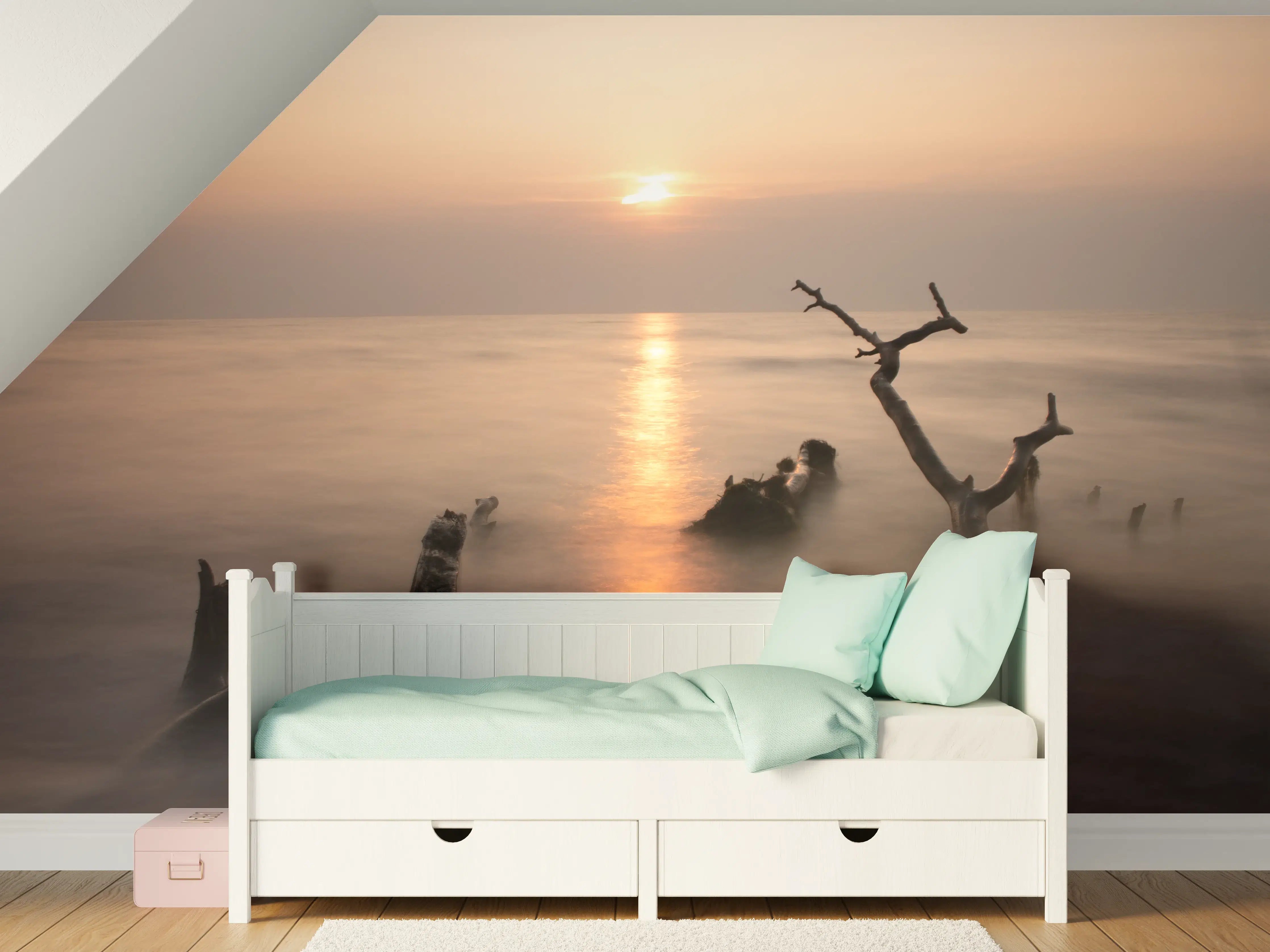 Kinderzimmer Wandgestaltung - Sanfte Sonnenuntergangsstimmung am Wasser