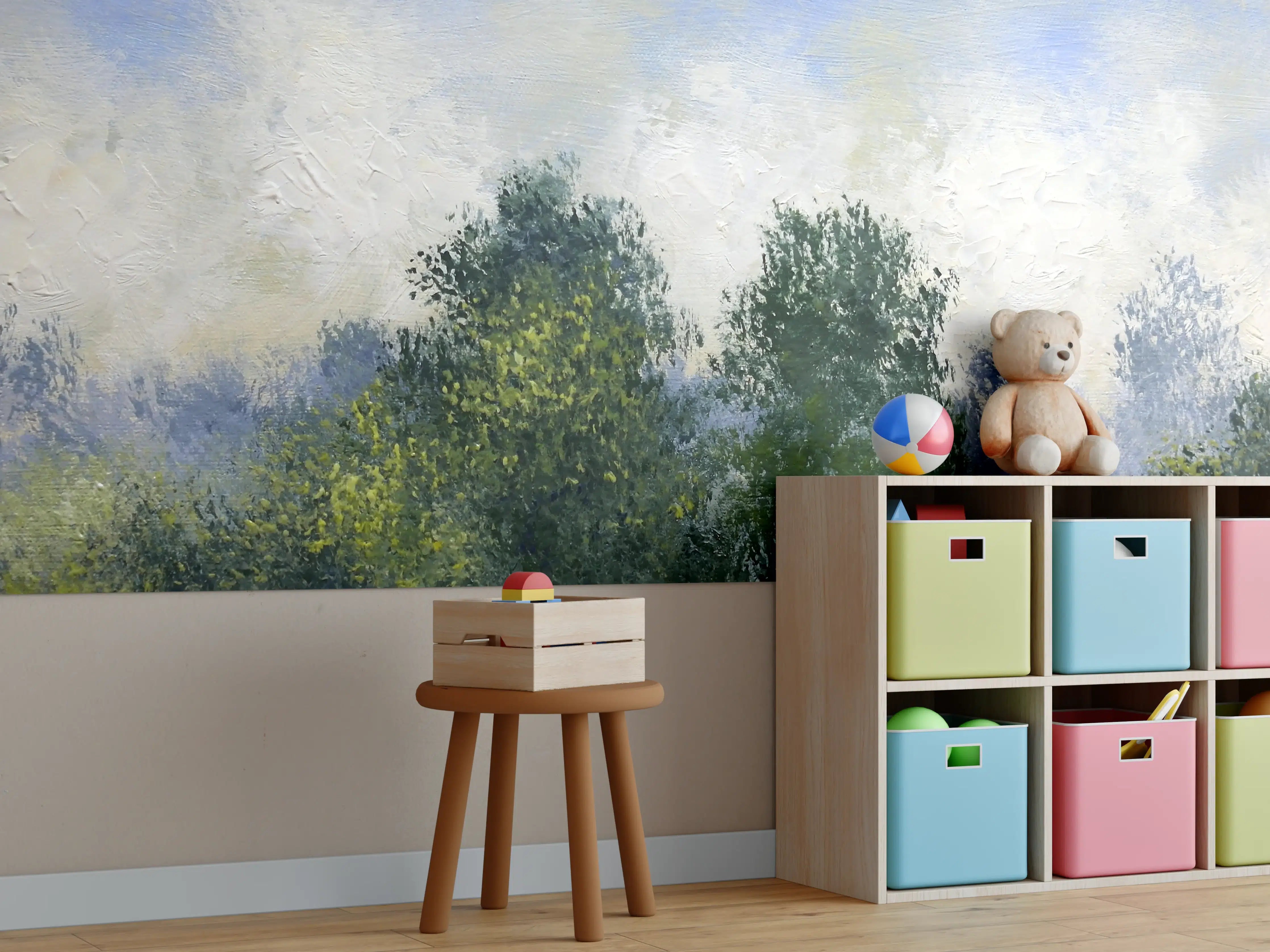 Kinderzimmer Wandgestaltung - Sanfte Wasserfarben-Landschaft mit Bäumen