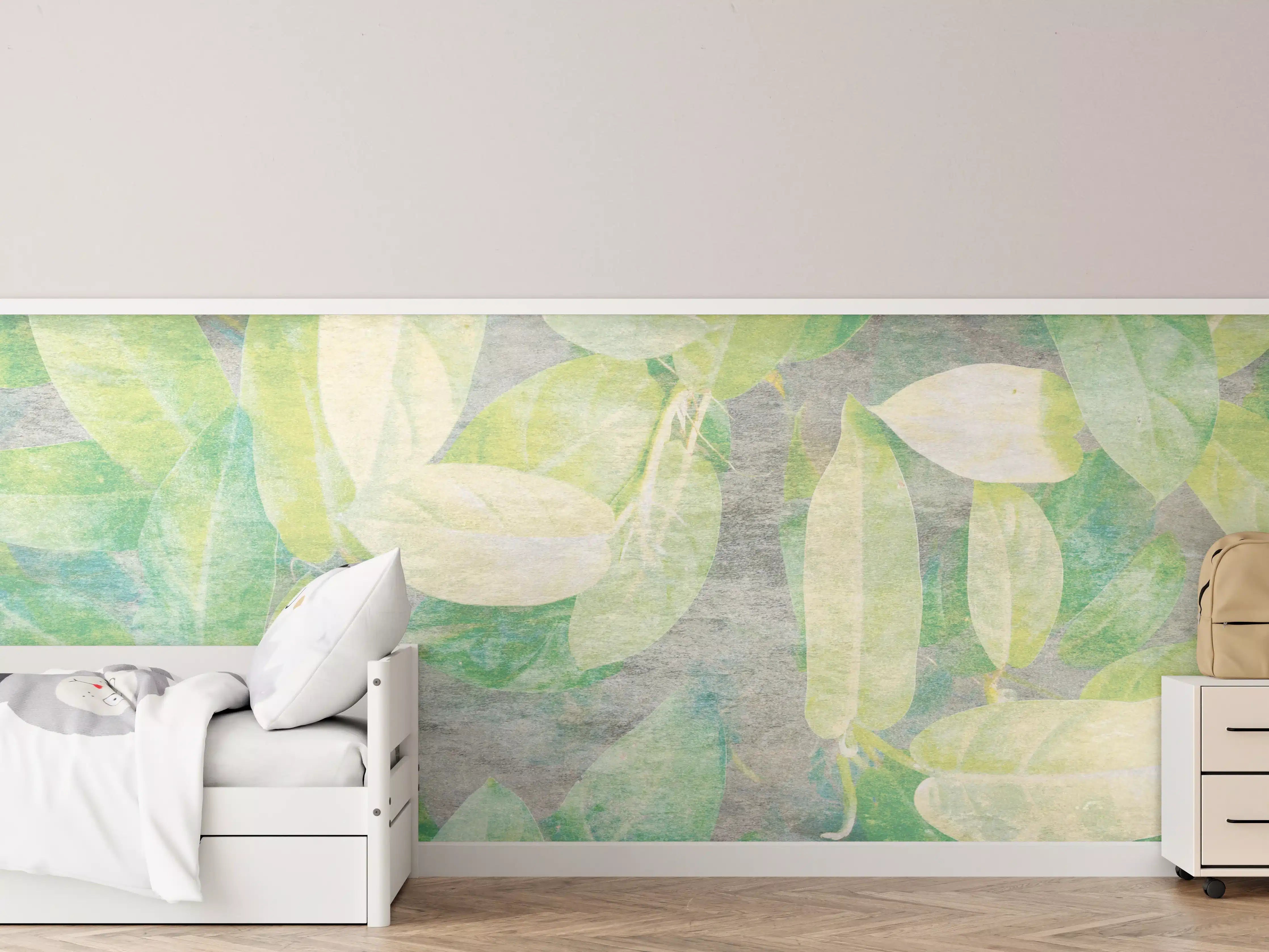Kinderzimmer Wandgestaltung - Sanfte Wasserfarben-Querstreifen mit grünen Blättern