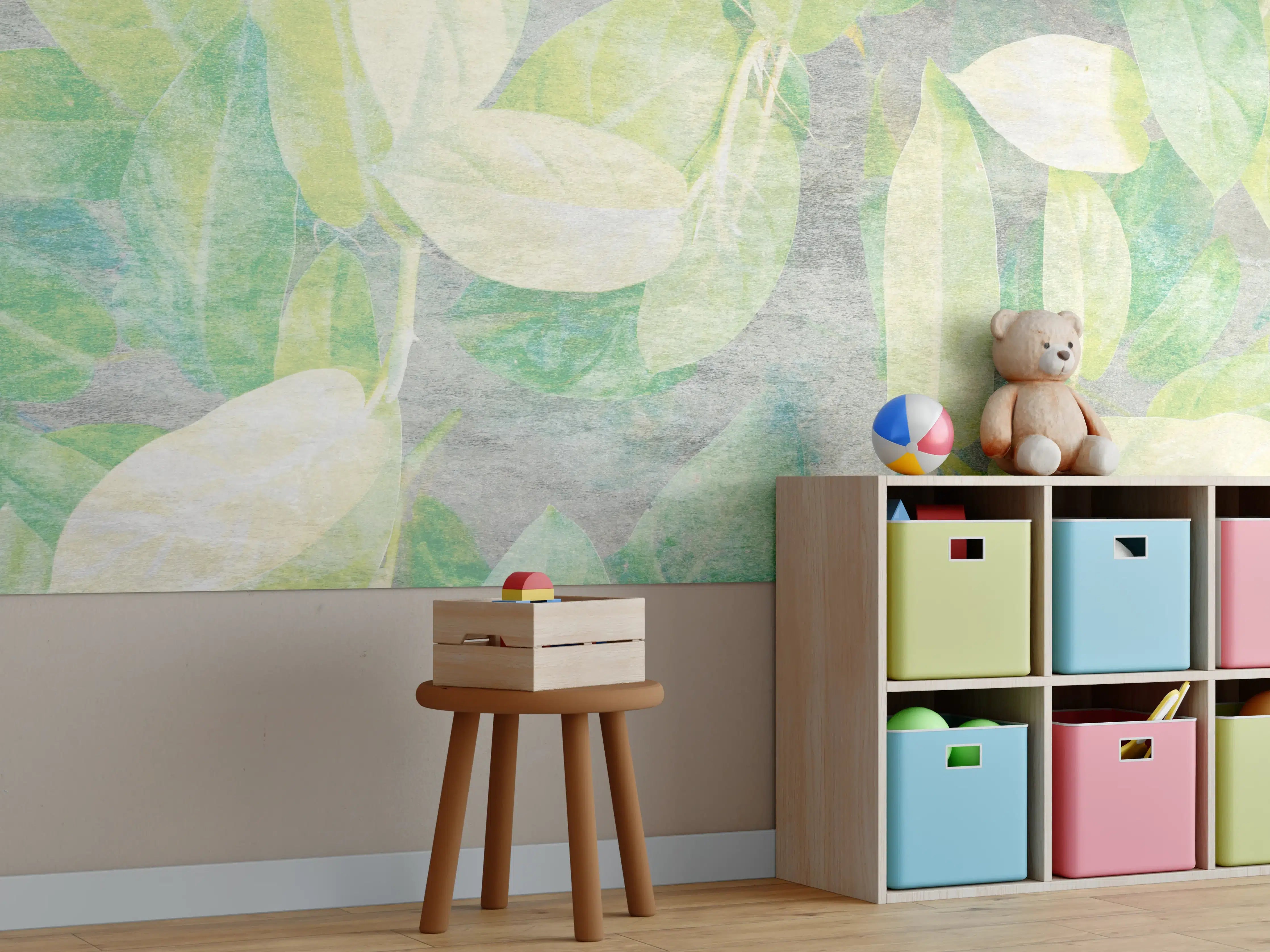 Kinderzimmer Wandgestaltung - Sanfte Wasserfarben-Querstreifen mit grünen Blättern