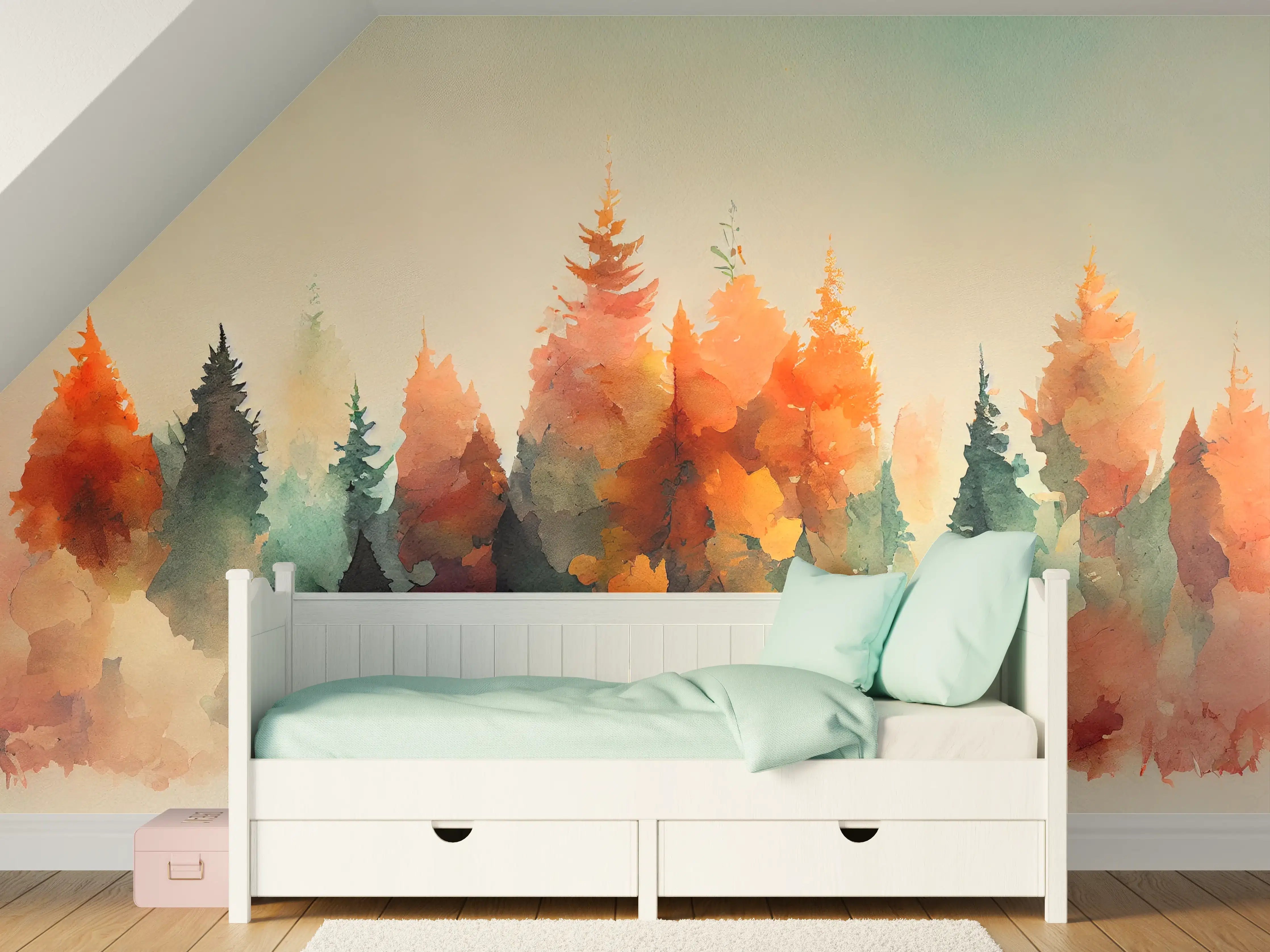 Kinderzimmer Wandgestaltung - Sanfte Wasserfarben-Waldszene in Pastelltönen