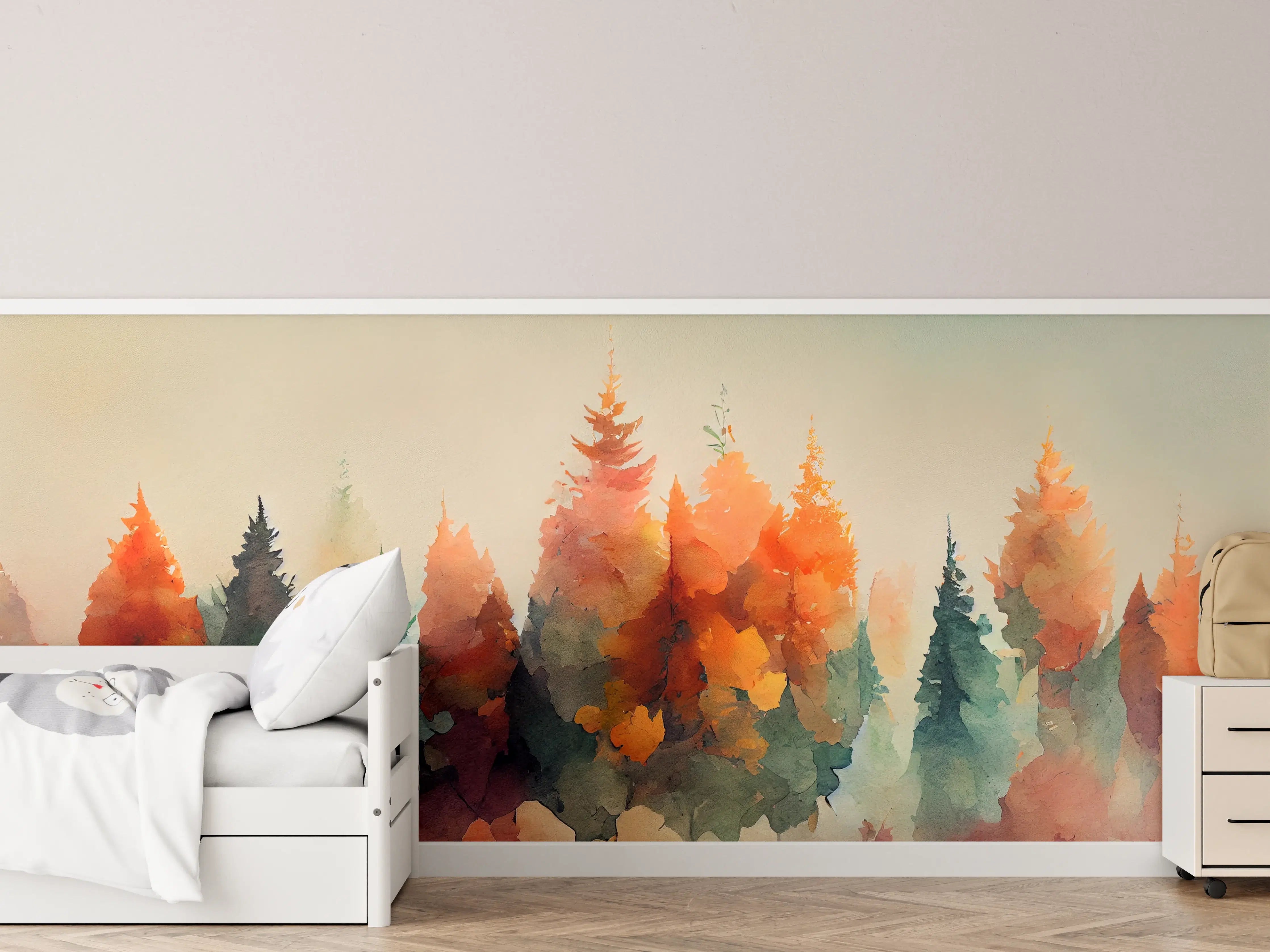 Kinderzimmer Wandgestaltung - Sanfte Wasserfarben-Waldszene in Pastelltönen