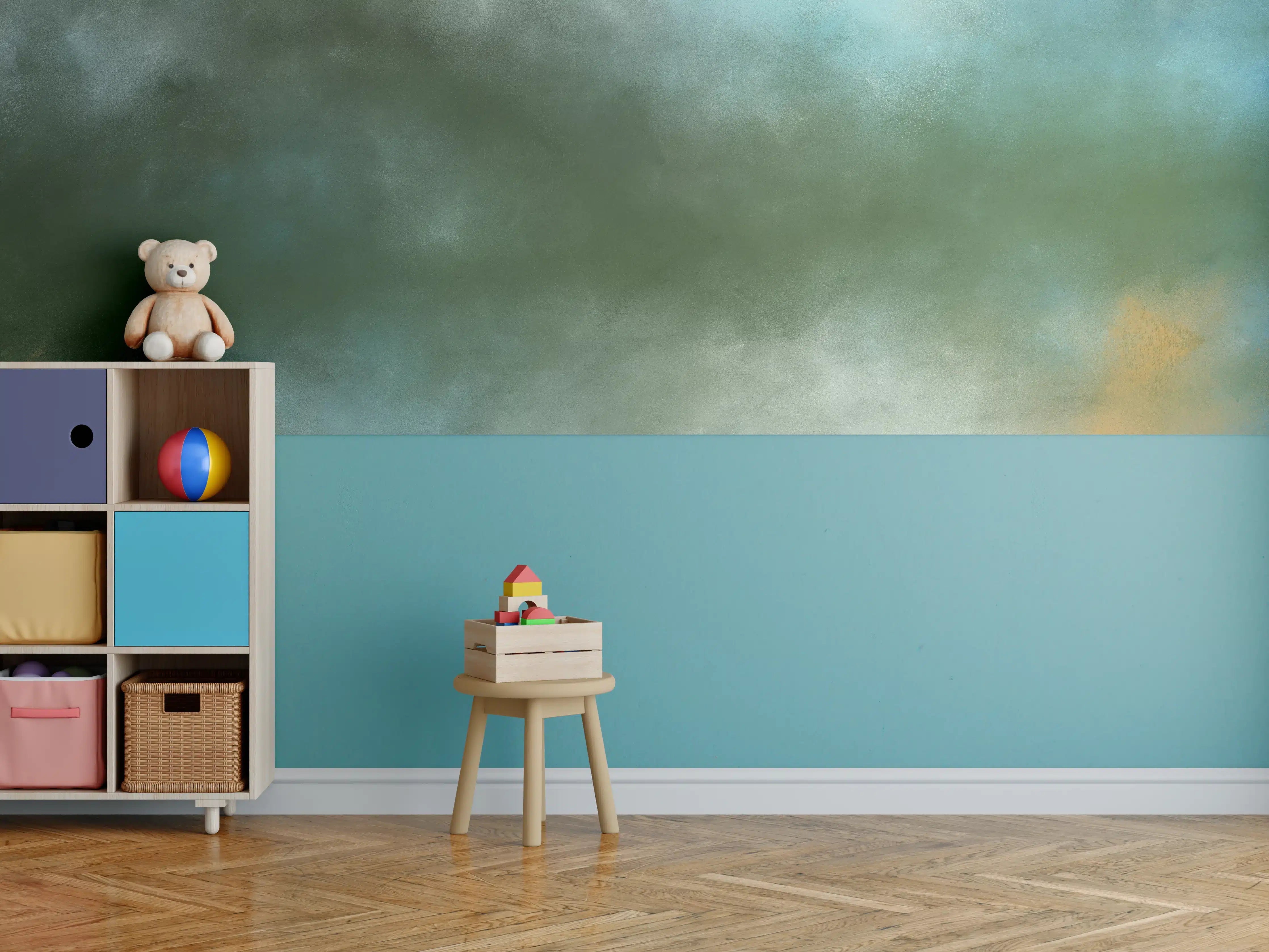 Kinderzimmer Wandgestaltung - Sanfte Wasserfarbentöne mit Blau- und Grüntönen