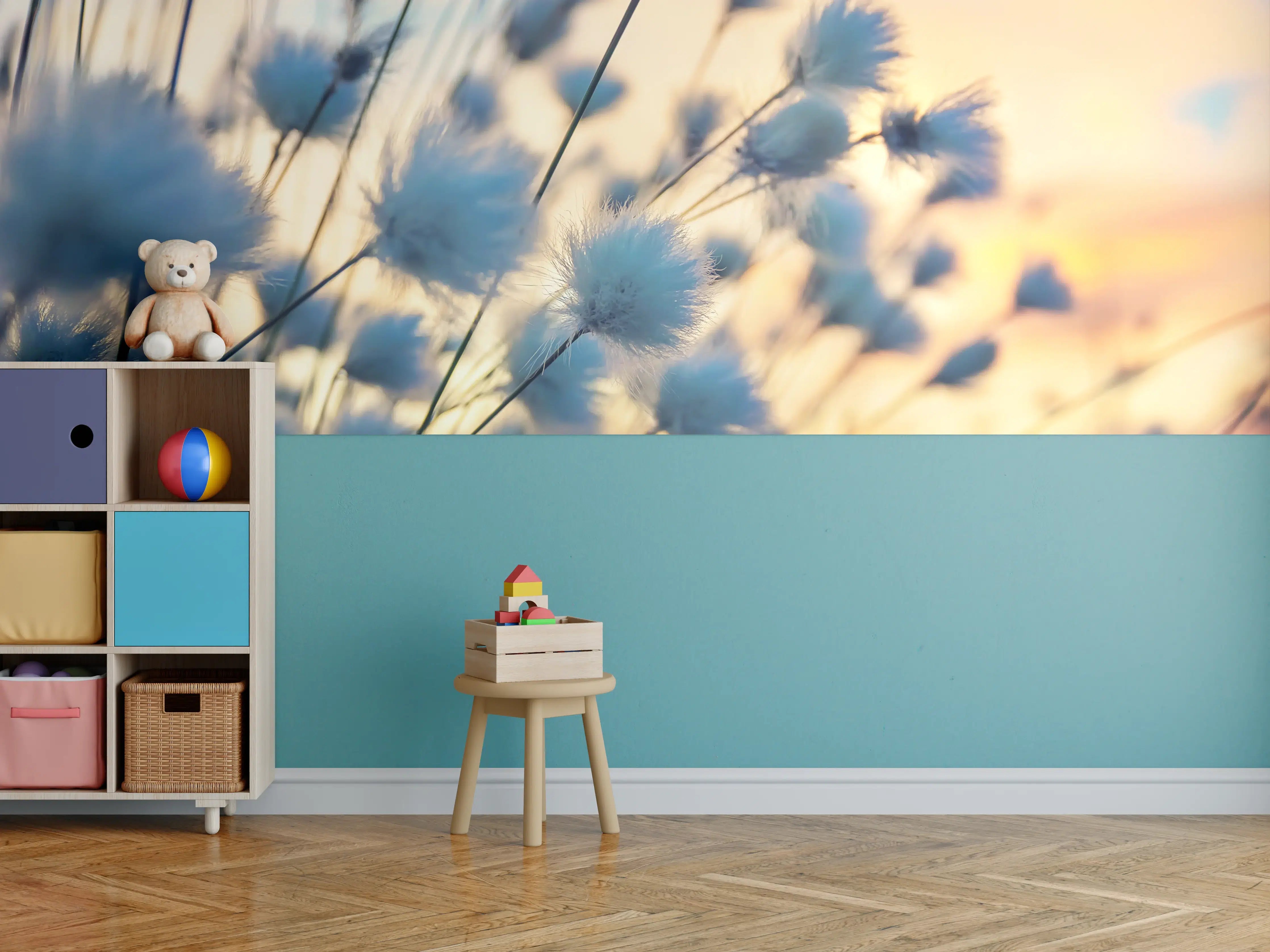 Kinderzimmer Wandgestaltung - Sanfte Wattestäubchen im Sonnenuntergang