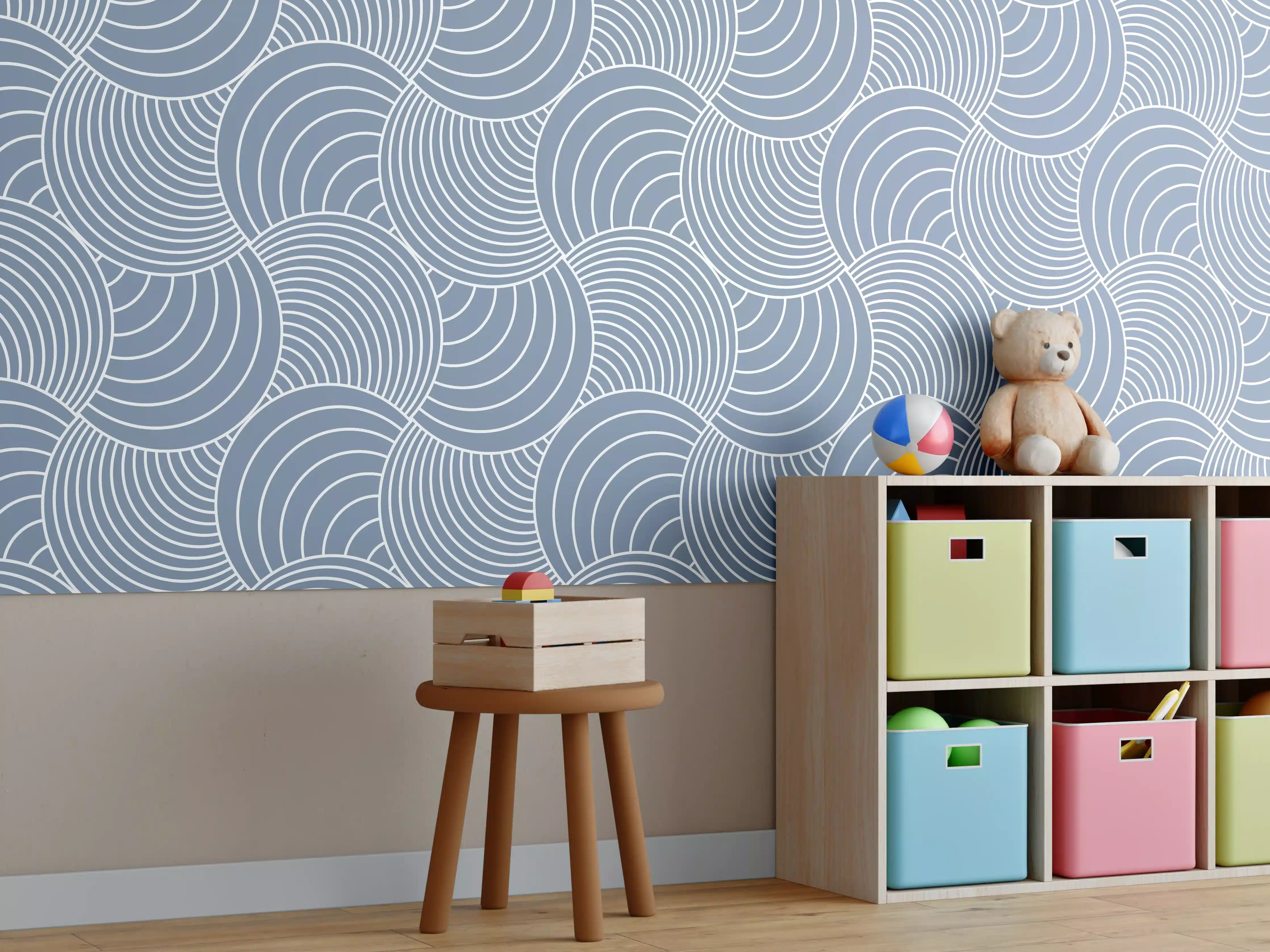 Kinderzimmer Wandgestaltung - Sanfte blaue Wellen mit weißen Graunuancen