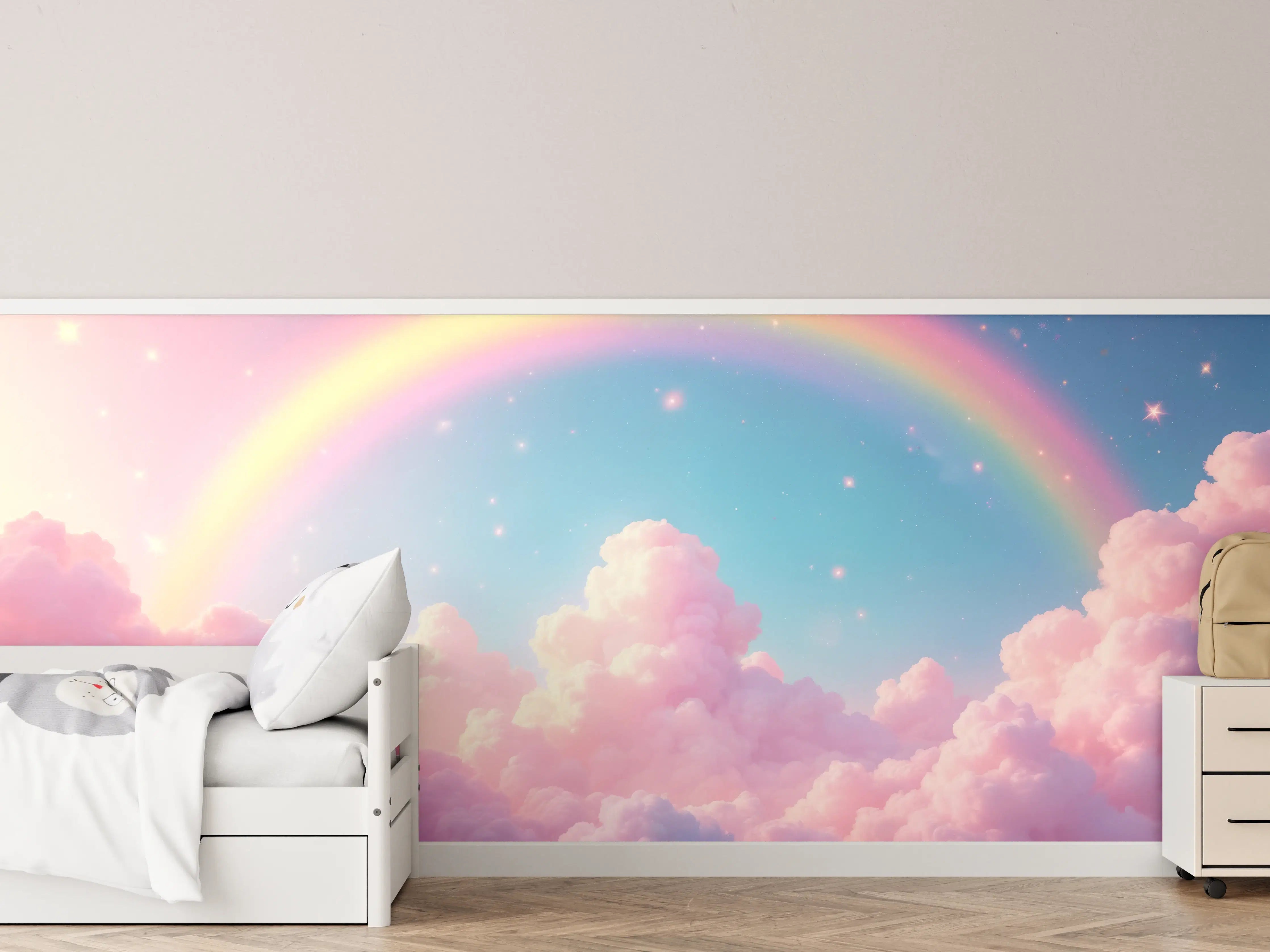 Kinderzimmer Wandgestaltung - Sanfter Regenbogen über pinken Wolken