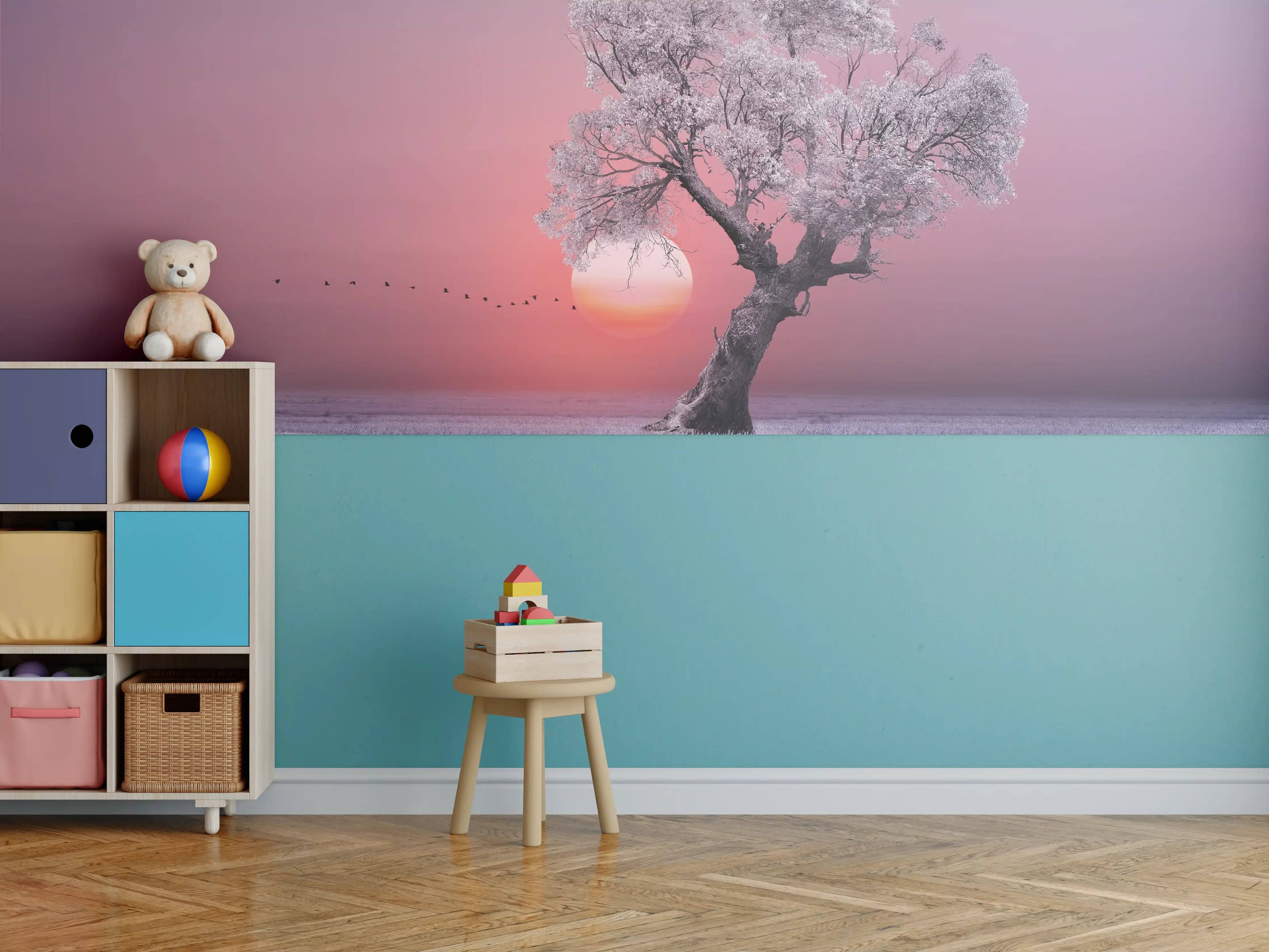 Kinderzimmer Wandgestaltung - Sanfter Sonnenuntergang hinter blühendem Baum