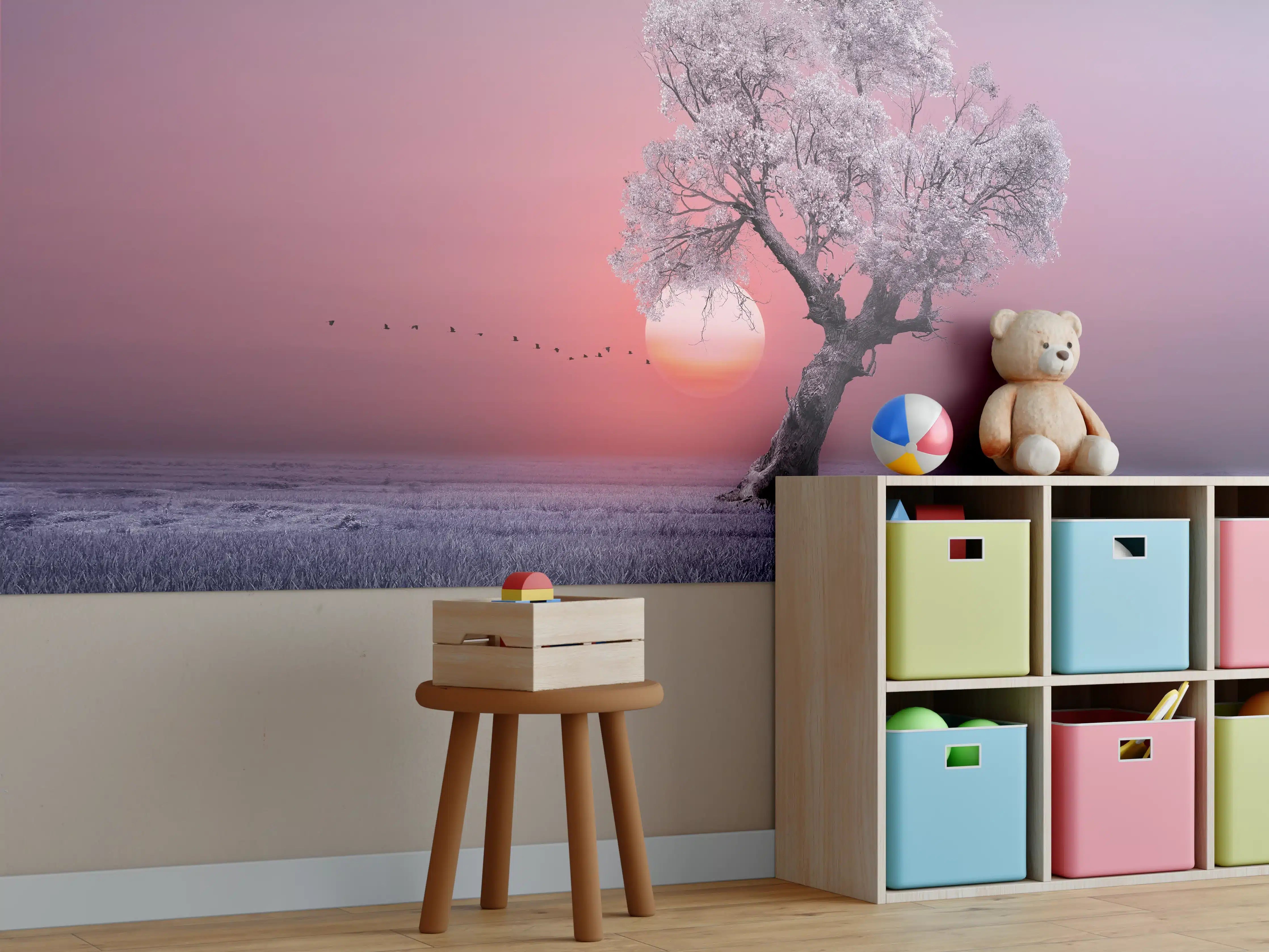 Kinderzimmer Wandgestaltung - Sanfter Sonnenuntergang hinter blühendem Baum