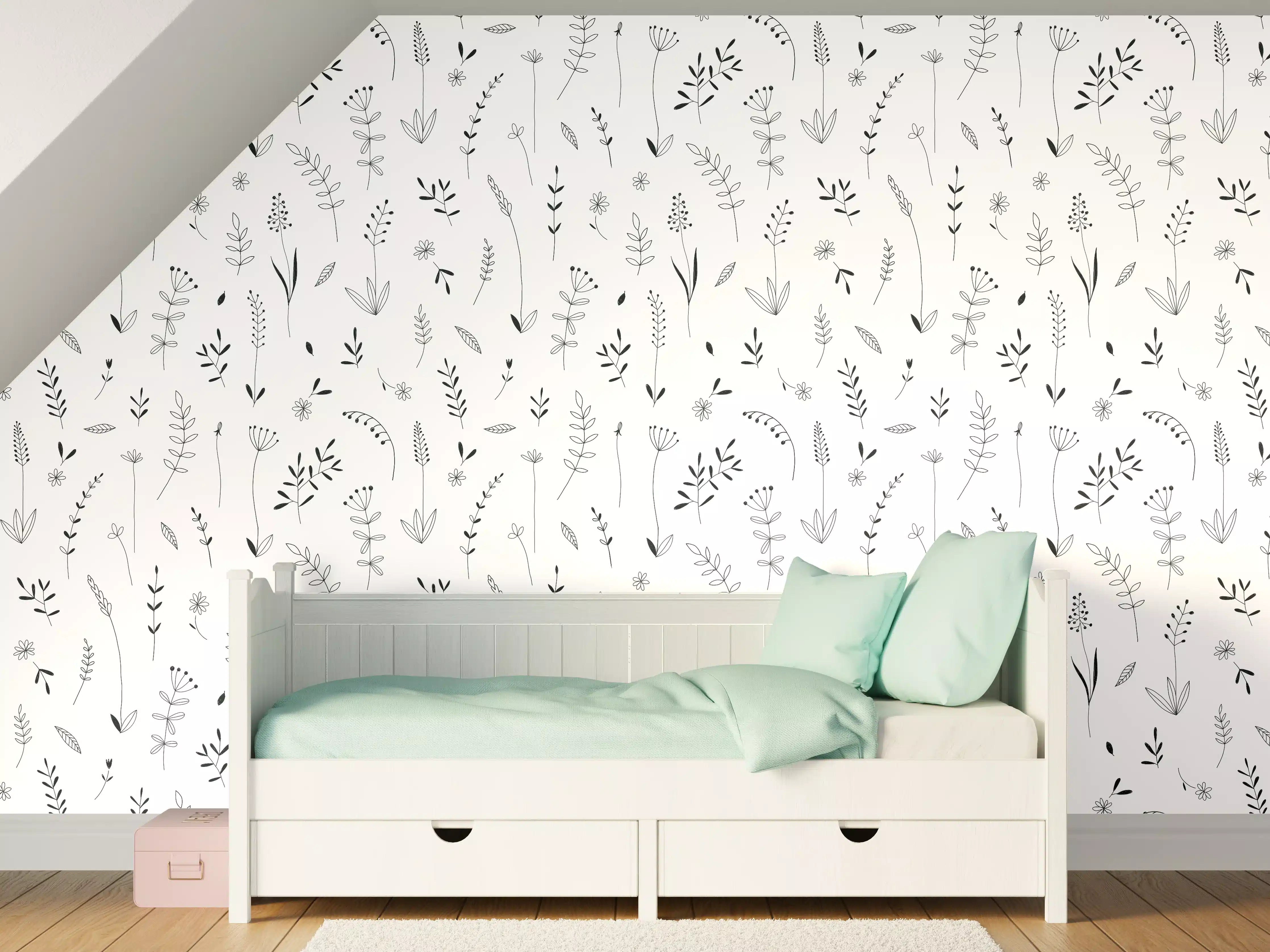 Kinderzimmer Wandgestaltung - Sanftes florales Muster in Grau und Weiß
