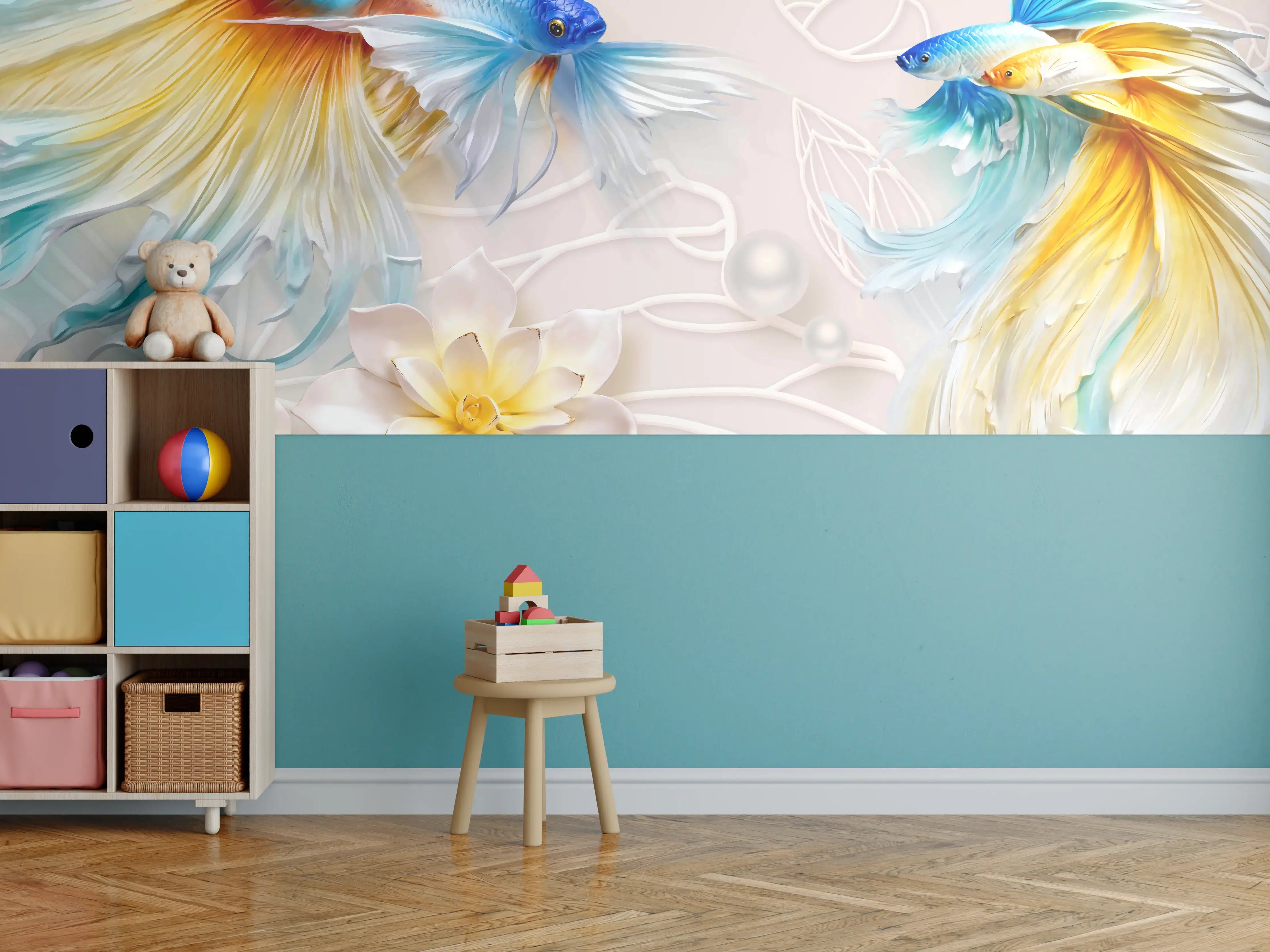 Kinderzimmer Wandgestaltung - Schöne Fische auf Rosa Hintergrund