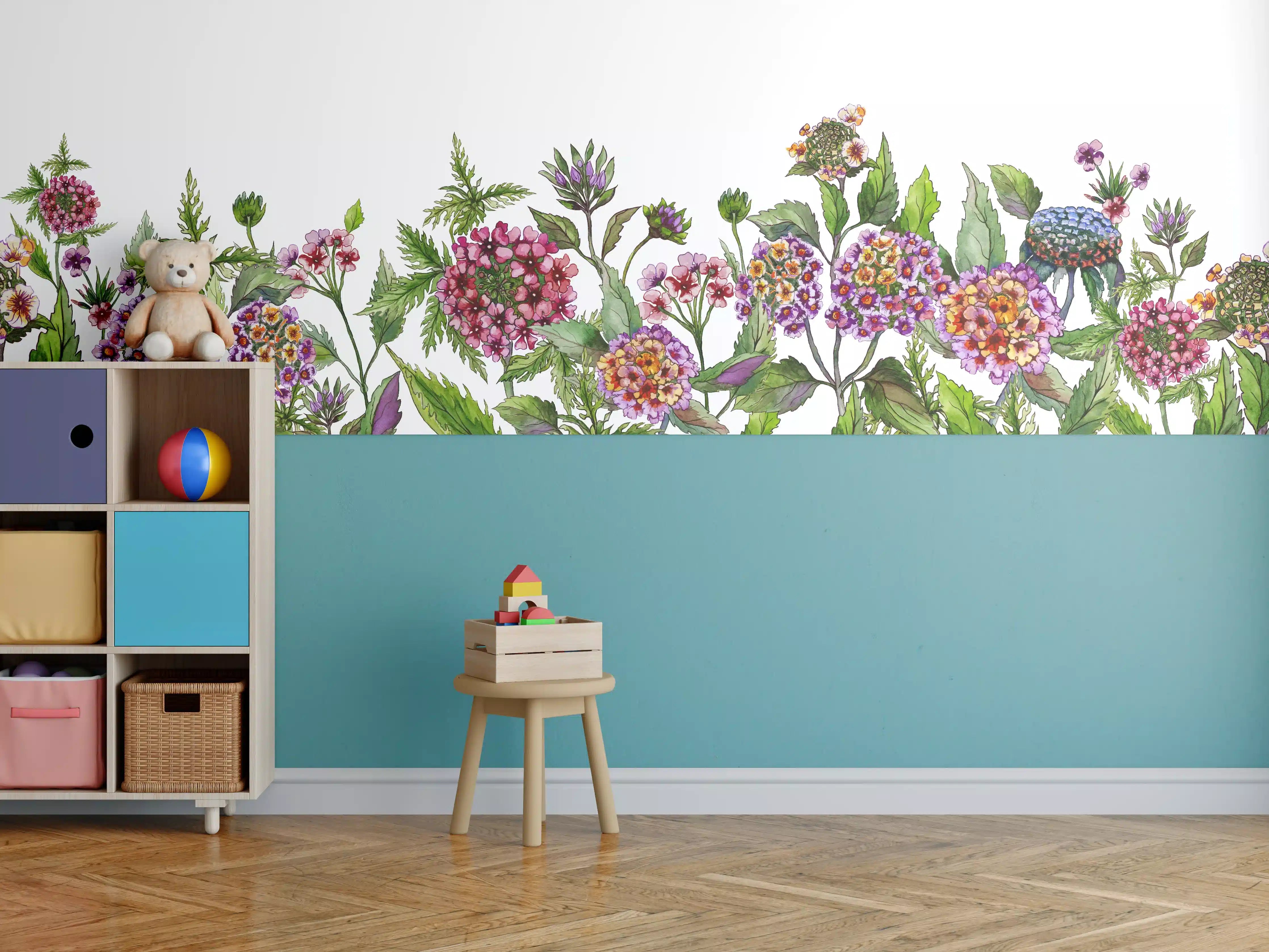Kinderzimmer Wandgestaltung - Schöne Lantana-Blüten mit grünem Blätter