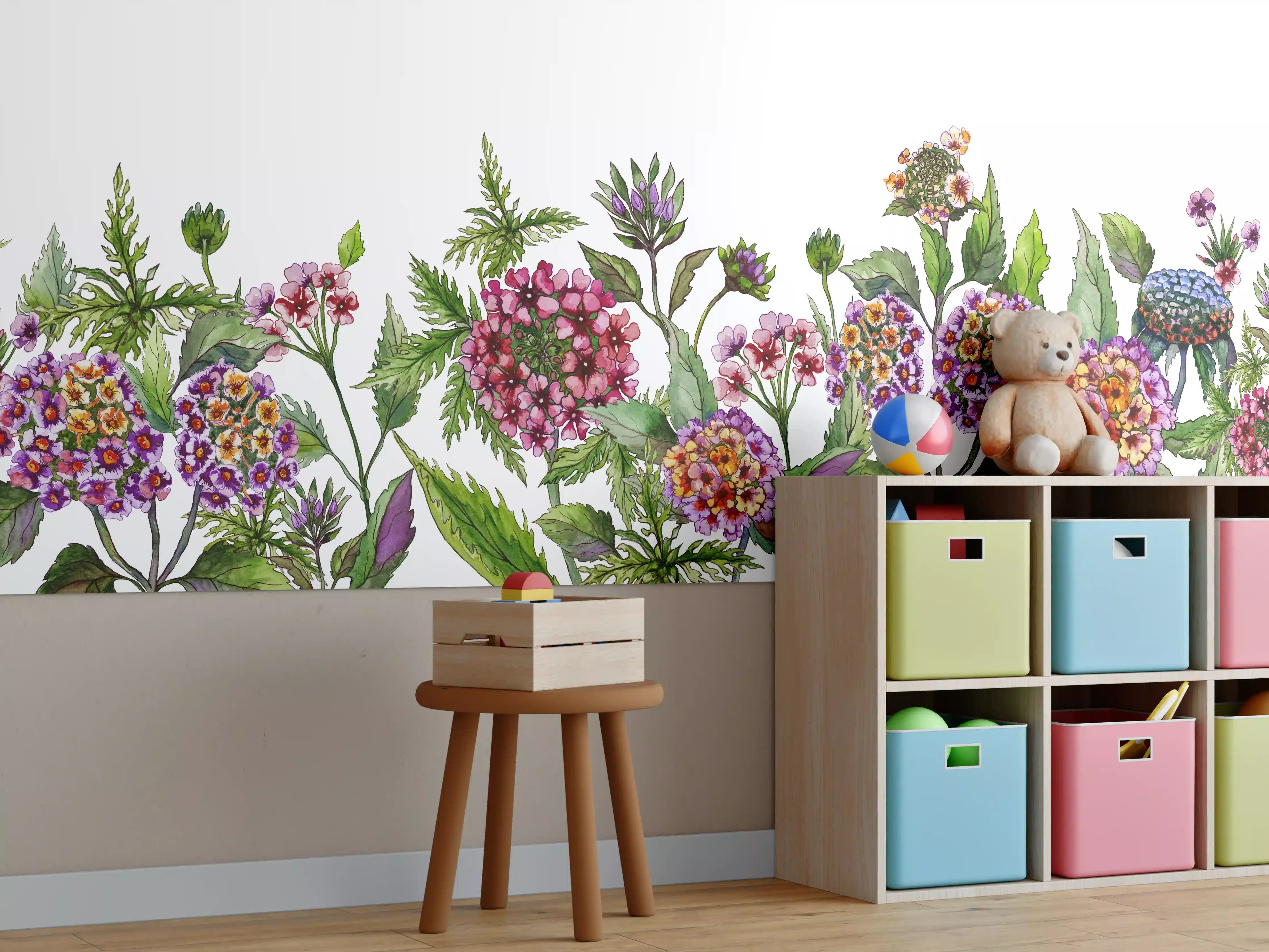 Kinderzimmer Wandgestaltung - Schöne Lantana-Blüten mit grünem Blätter
