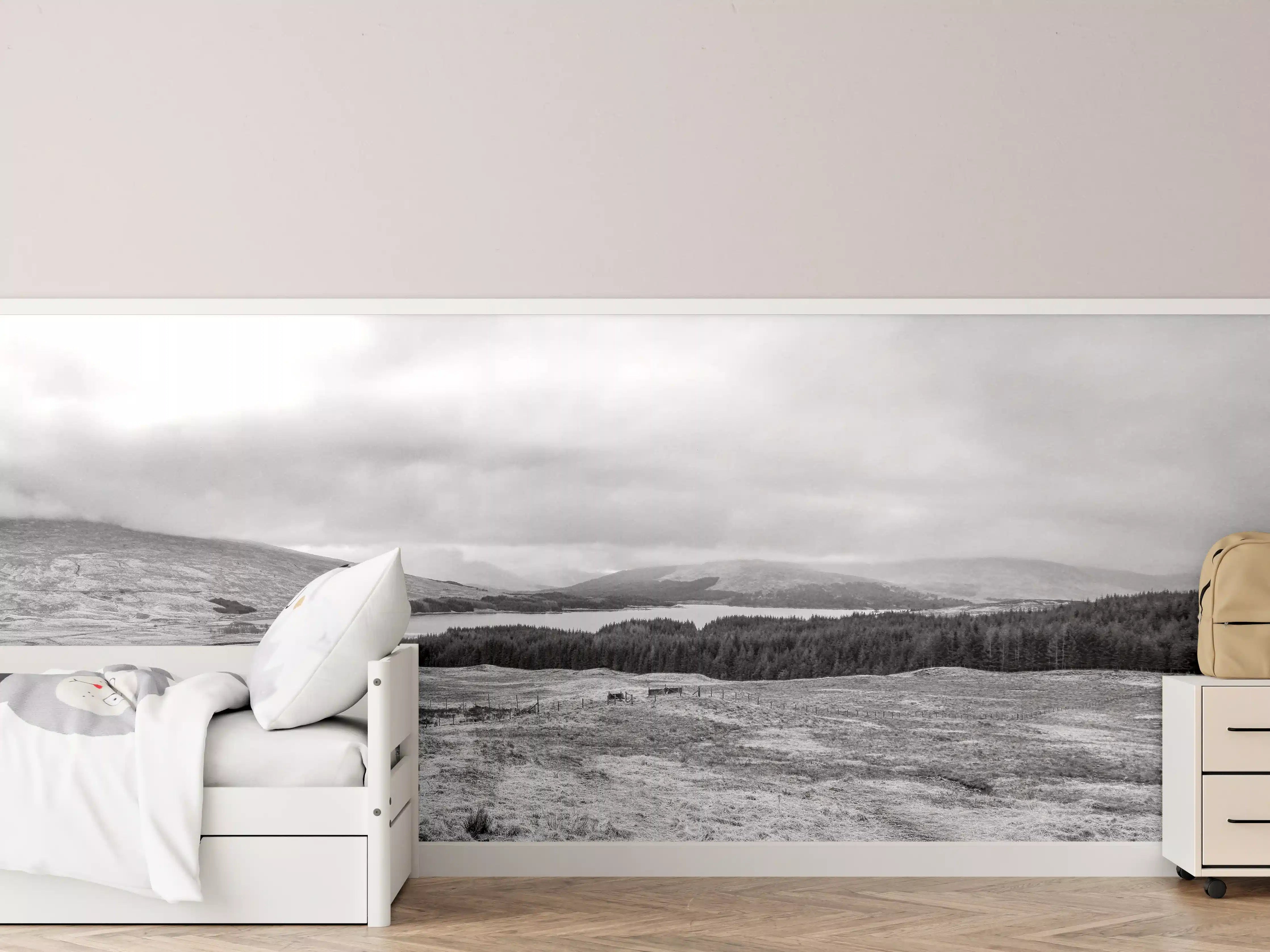 Kinderzimmer Wandgestaltung - Schottische Highlands Panorama BW
