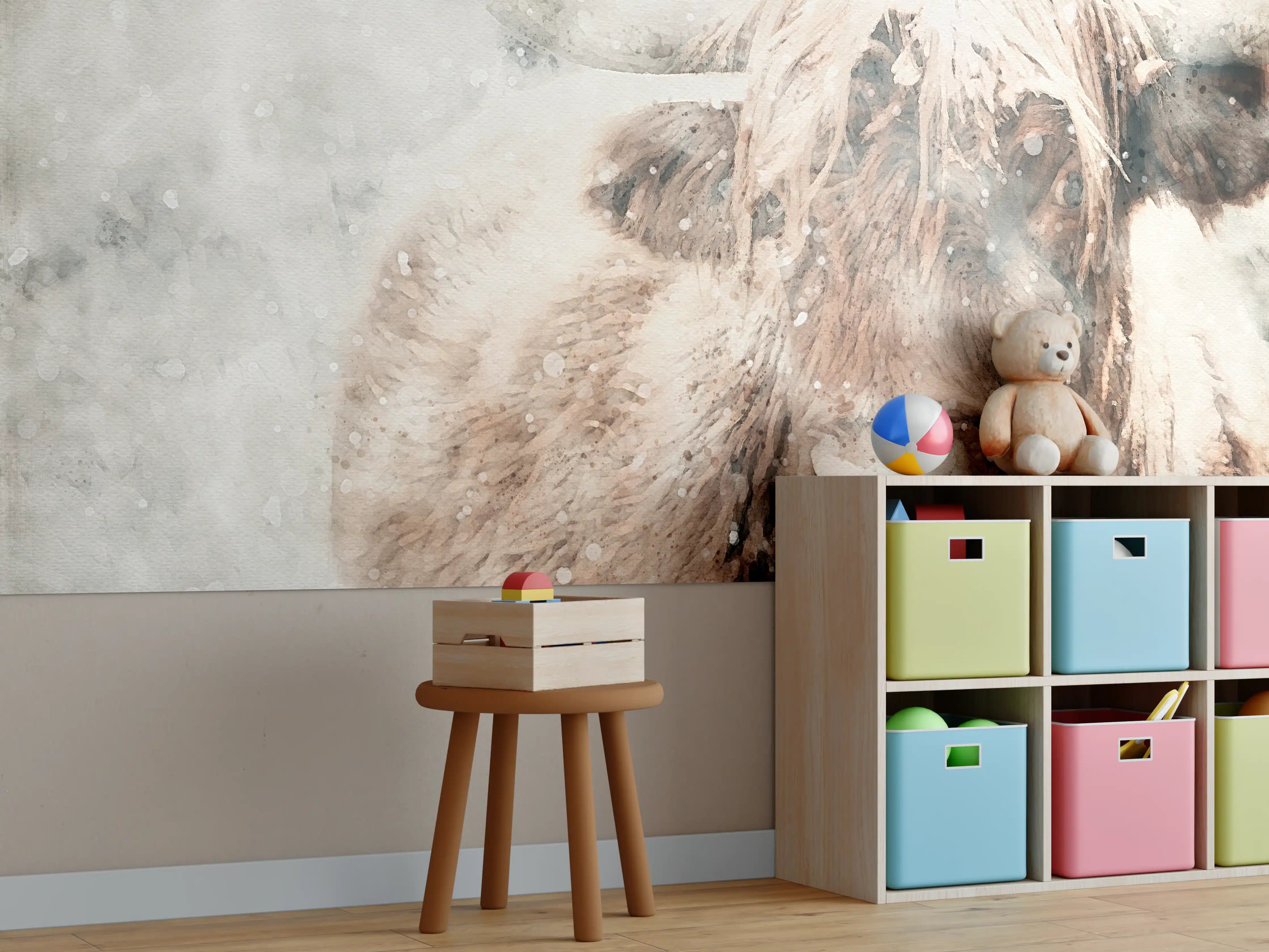 Kinderzimmer Wandgestaltung - Schottisches Hochlandrind bei Schnee
