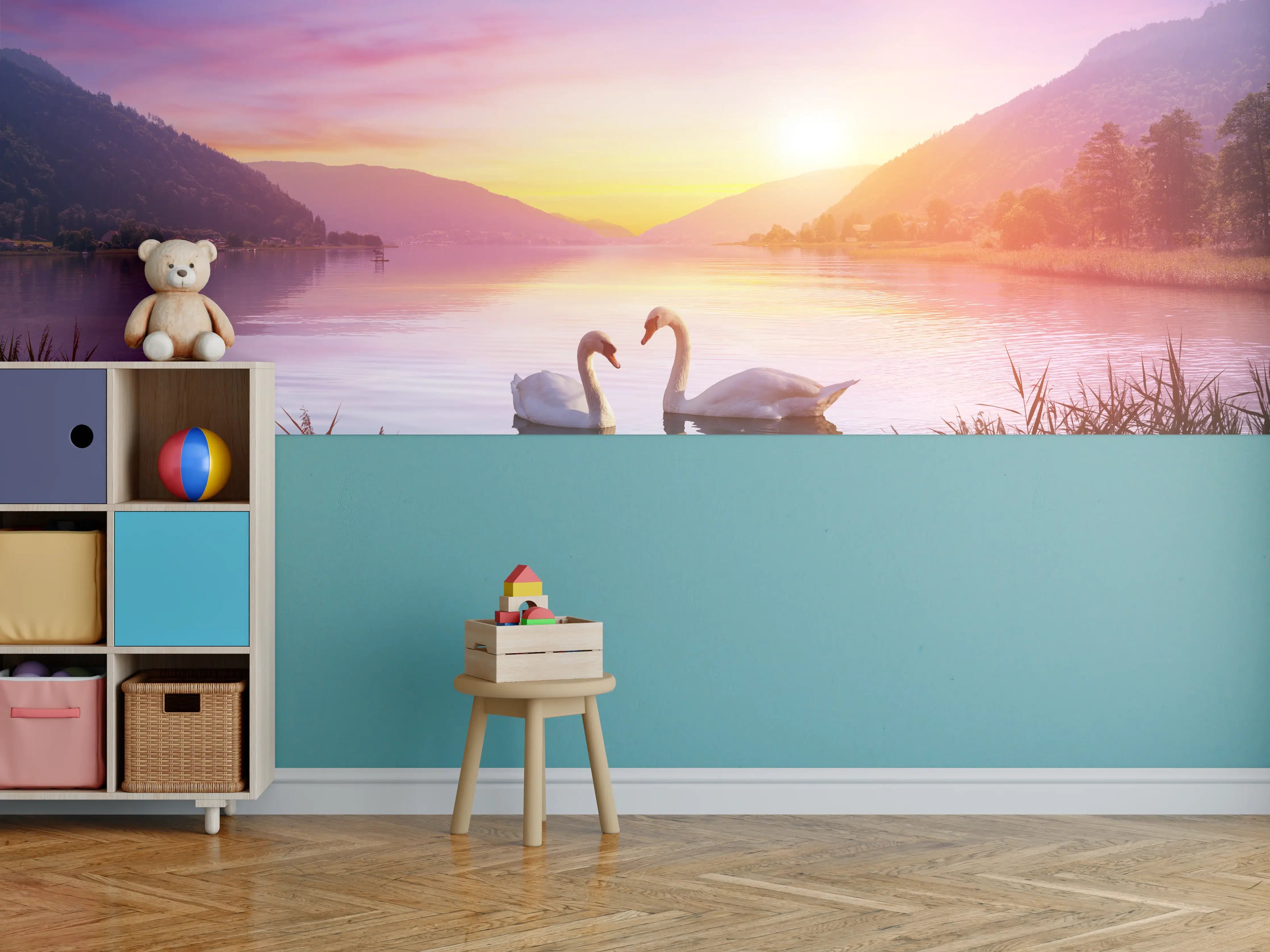 Kinderzimmer Wandgestaltung - Schwäne über dem See bei Sonnenaufgang - Ruhe und Romantik
