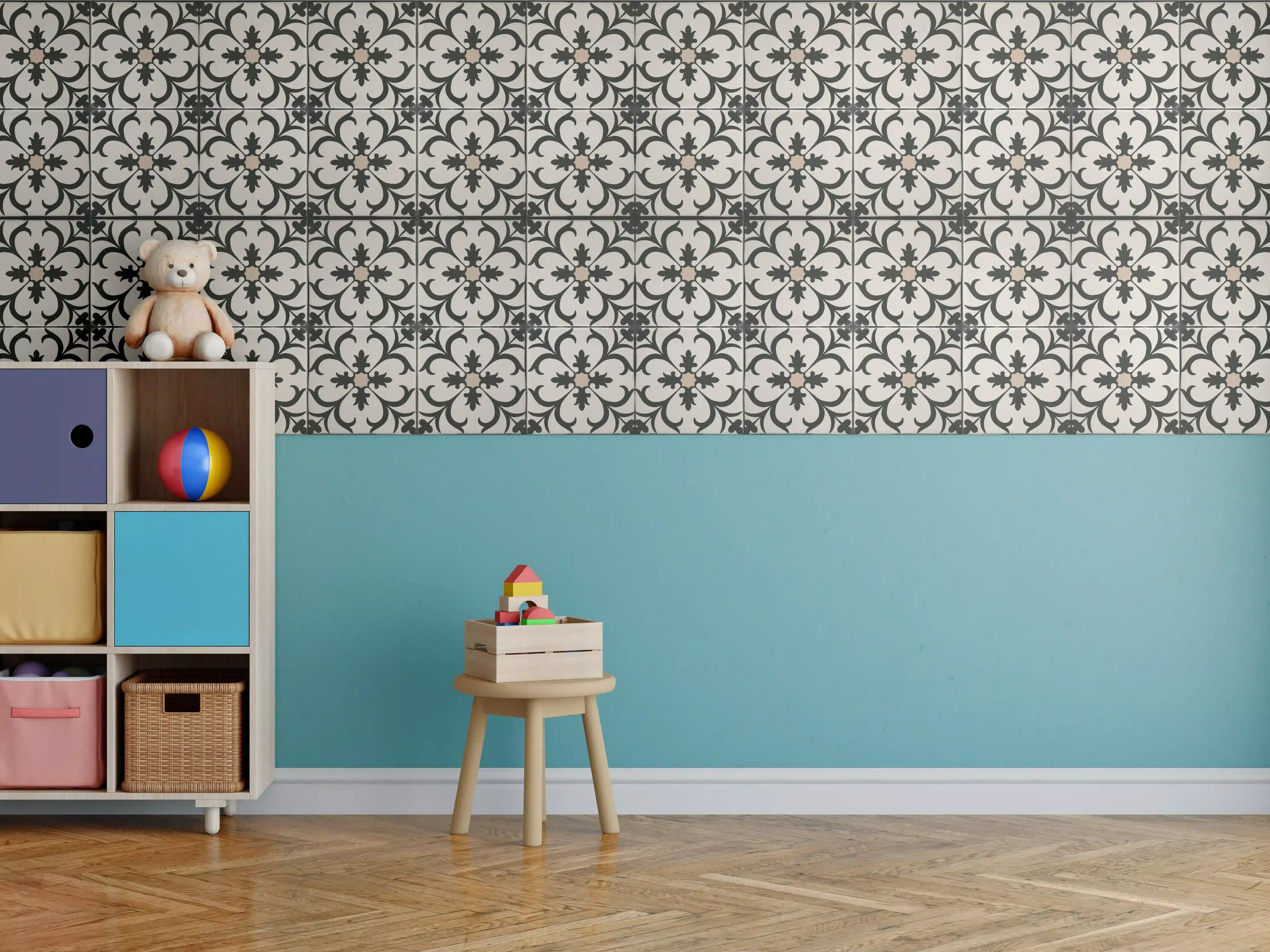 Kinderzimmer Wandgestaltung - Schwarz Braun Vintage Mosaik